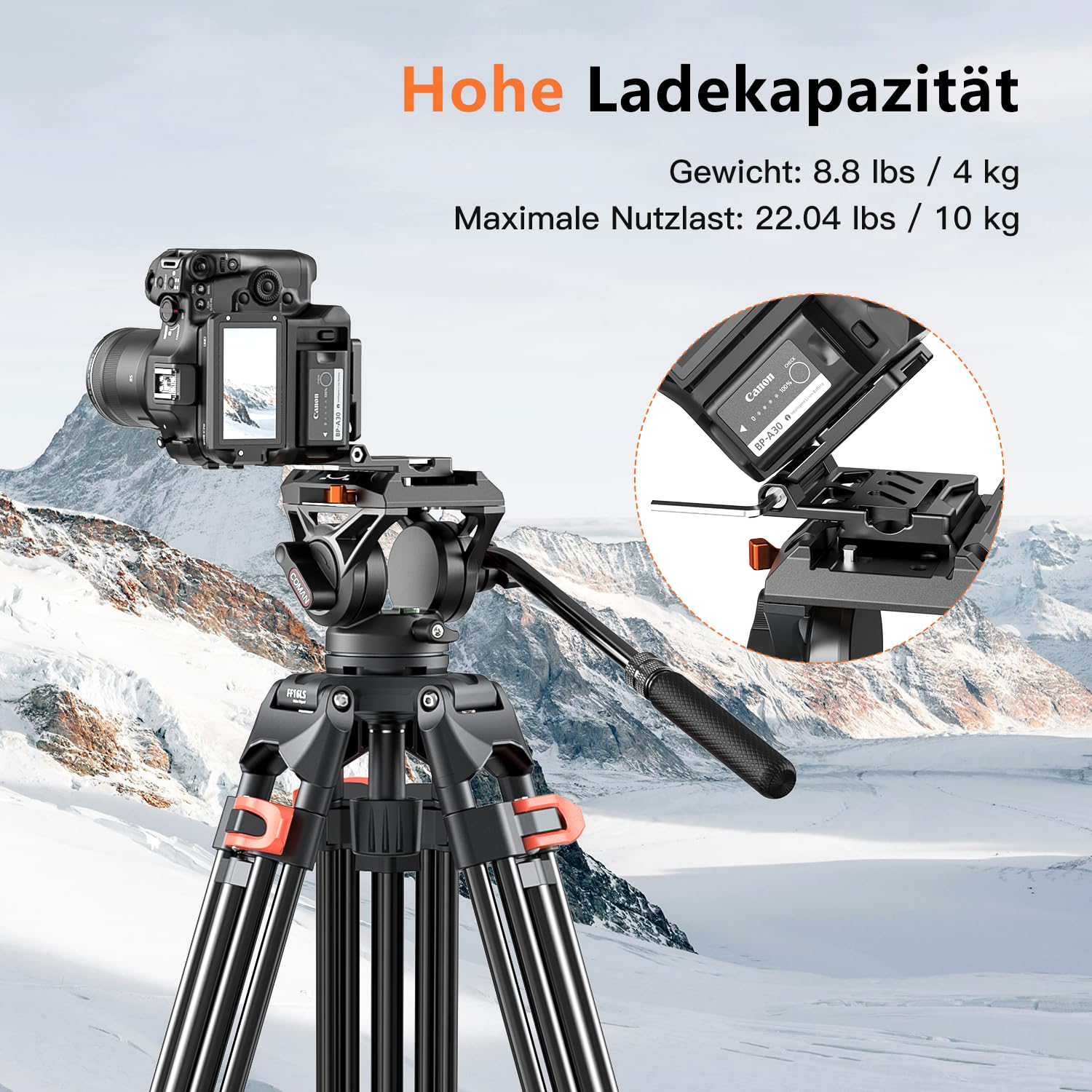 COMAN Treppiede Fotocamera - Cavalletto Fotografico Carico Massimo De 17,6 Lb/8 Kg Girevole a 360° e Inclinazione a +90°/-70°, Treppiede Compatibile Con Teste Dji Rs2/3, Manfrotto