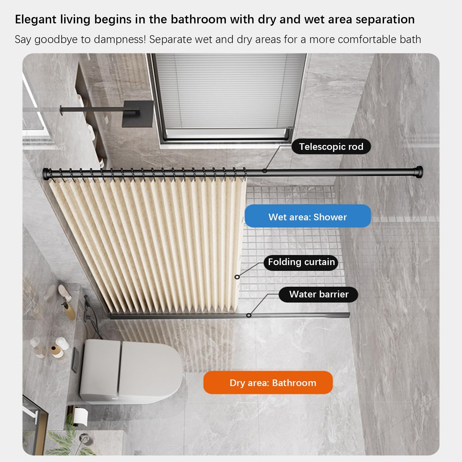 Cortina de ducha plegable con cierre magnético y barra retráctil, tela de lino grueso impermeable, no requiere perforaciones para una fácil instalación, ideal para privacidad en el baño