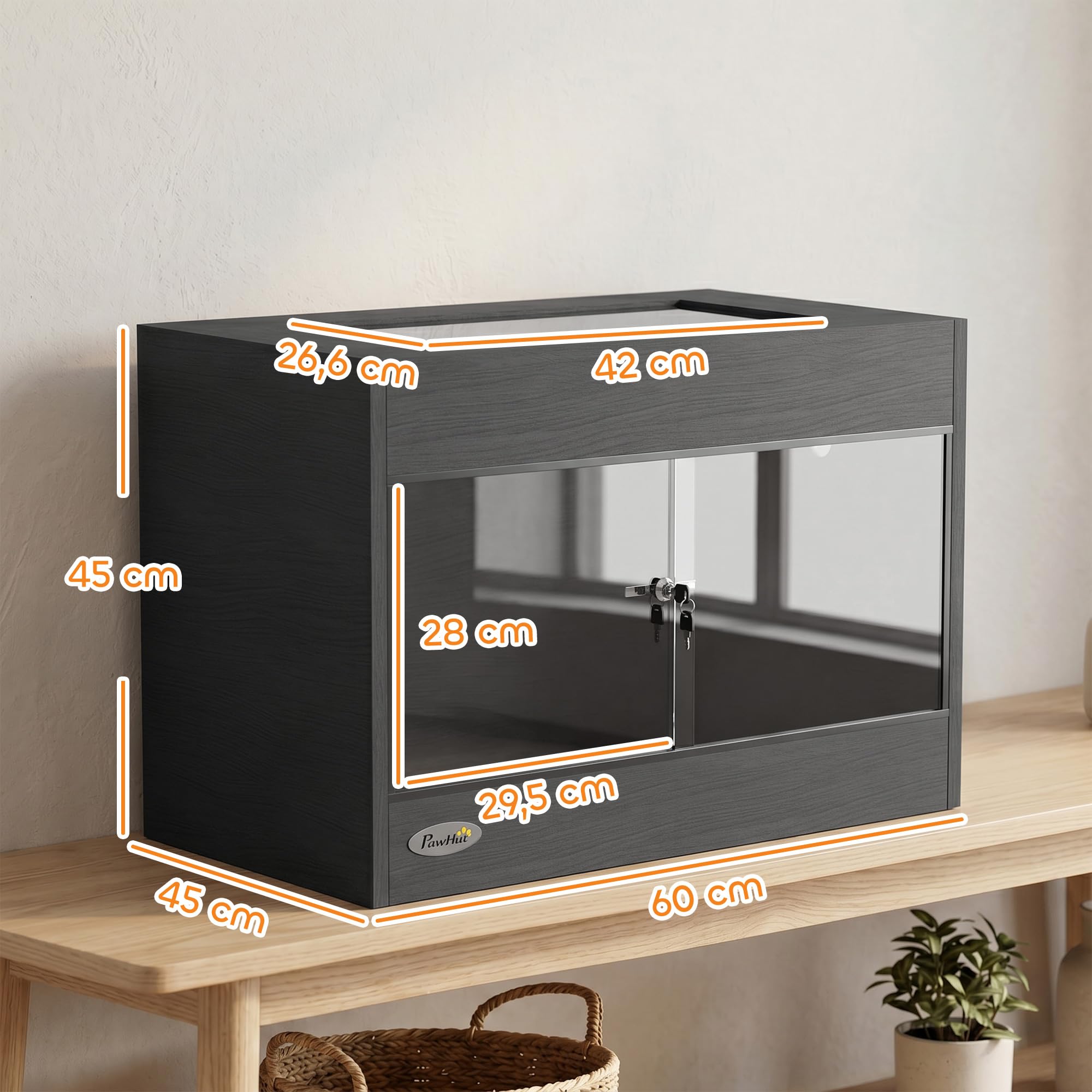 PawHut Terrario per rettili ad alta resistenza per geco 60x45x45cm Nero | Porte vetro scorrevoli, chiusura sicurezza, ventilazione sup., vivario rettili, recinto tarantola, drago barbuto, serpente