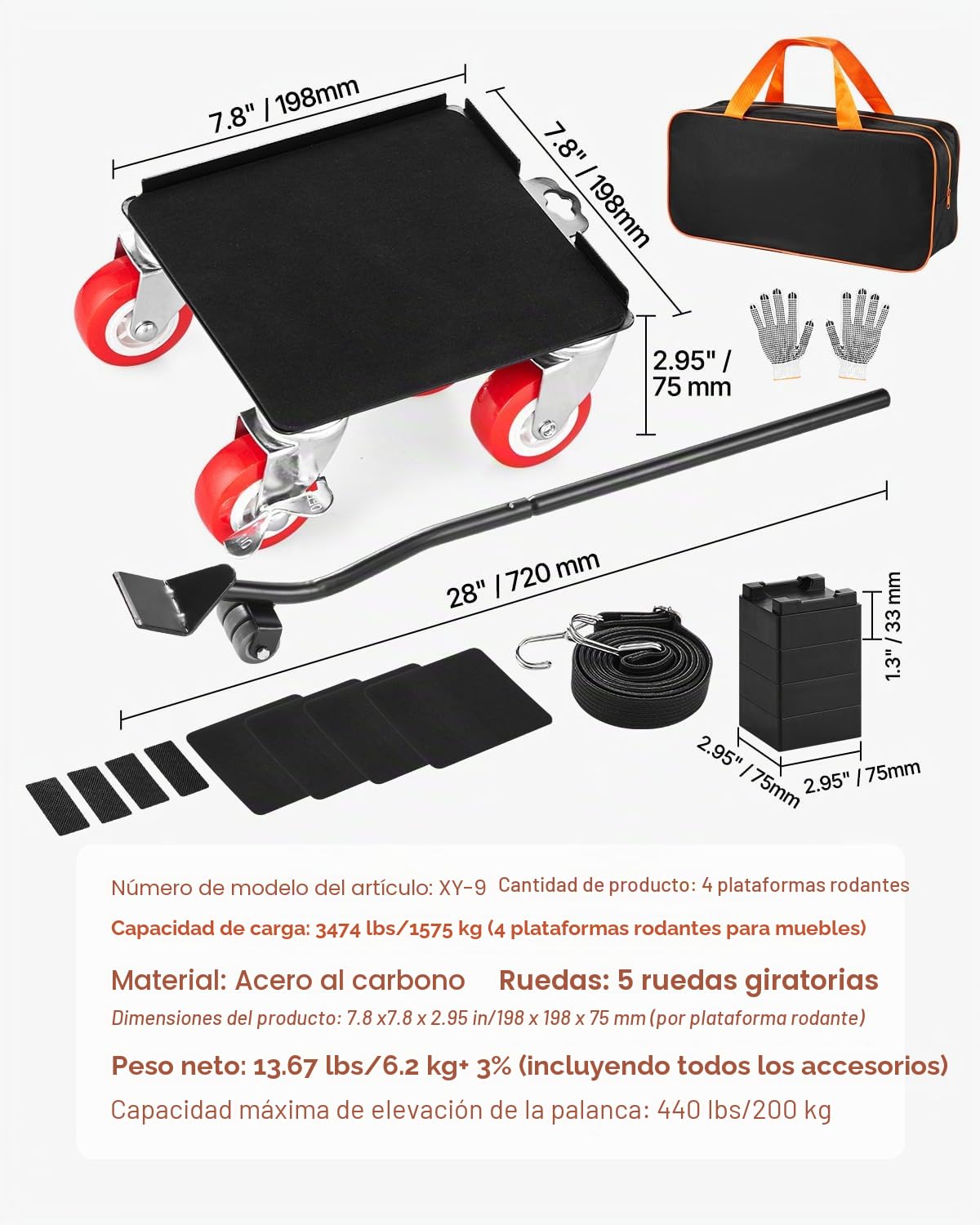 VEVOR 4 PCS Plataforma Rodante para Muebles 198 x 198 x 75 mm Carga de 1575 kg, Transportador de Muebles Resistente con 5 Ruedas Giratorias de 360° y Panel de Acero al Carbono para Mover Muebles