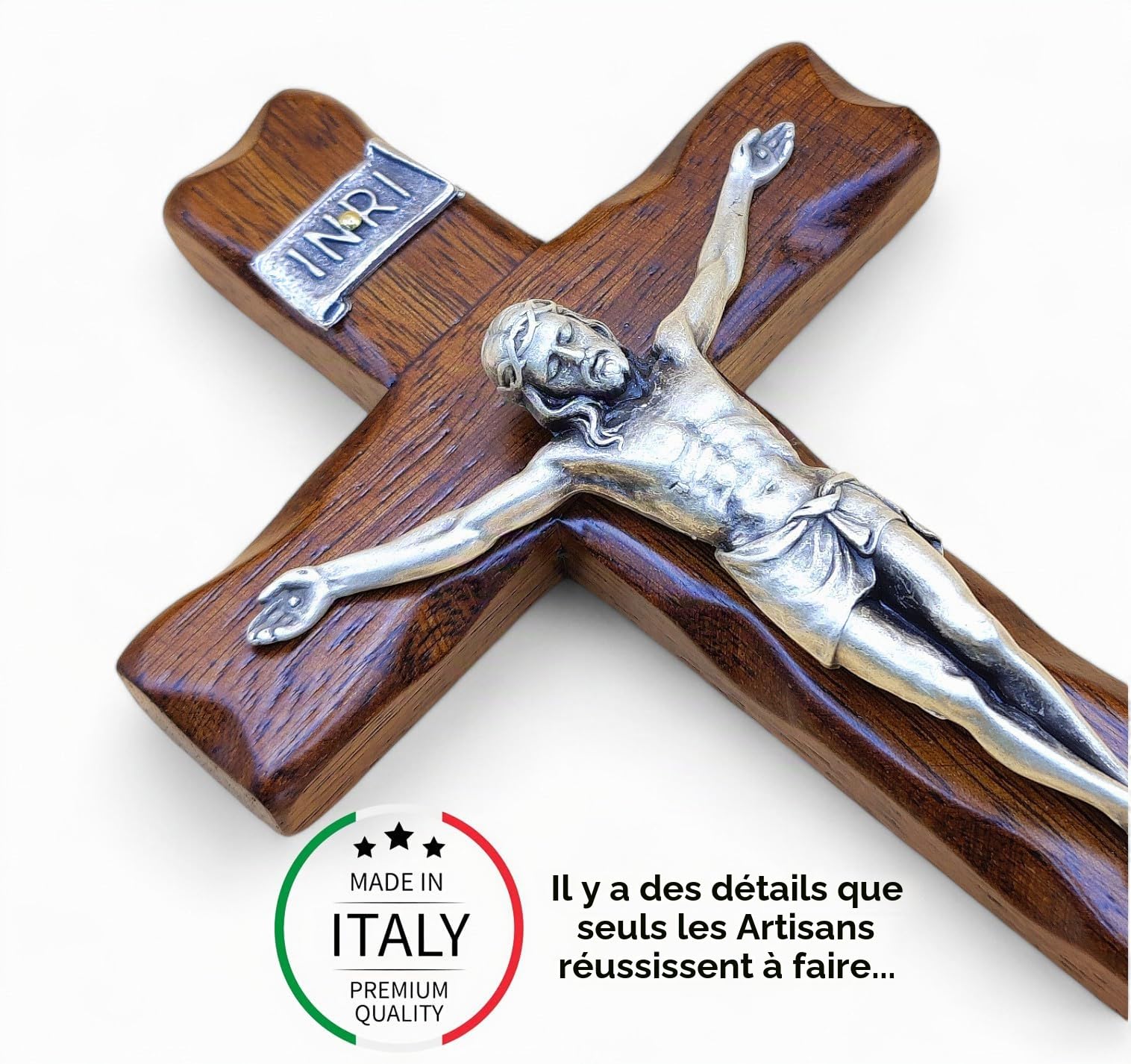 Crucifix mural en bois avec Christ argenté, fabriqué en Ombrie, Italie, 25 x 14 cm