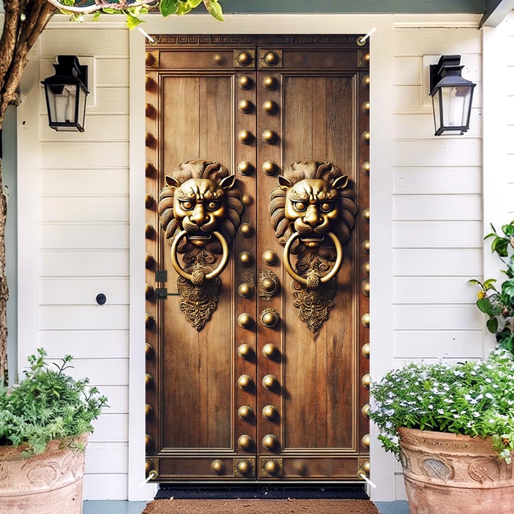Vintage Lion Head Door Cover 35x71in Rustic Knocker Decor