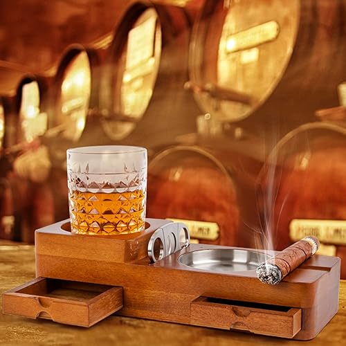 Miniatura 8 de Cenicero de puros, bandeja de vidrio para whisky y soporte para puros, bandeja de cenizas con cortador de puros, incluye cajón y ranura para puros,