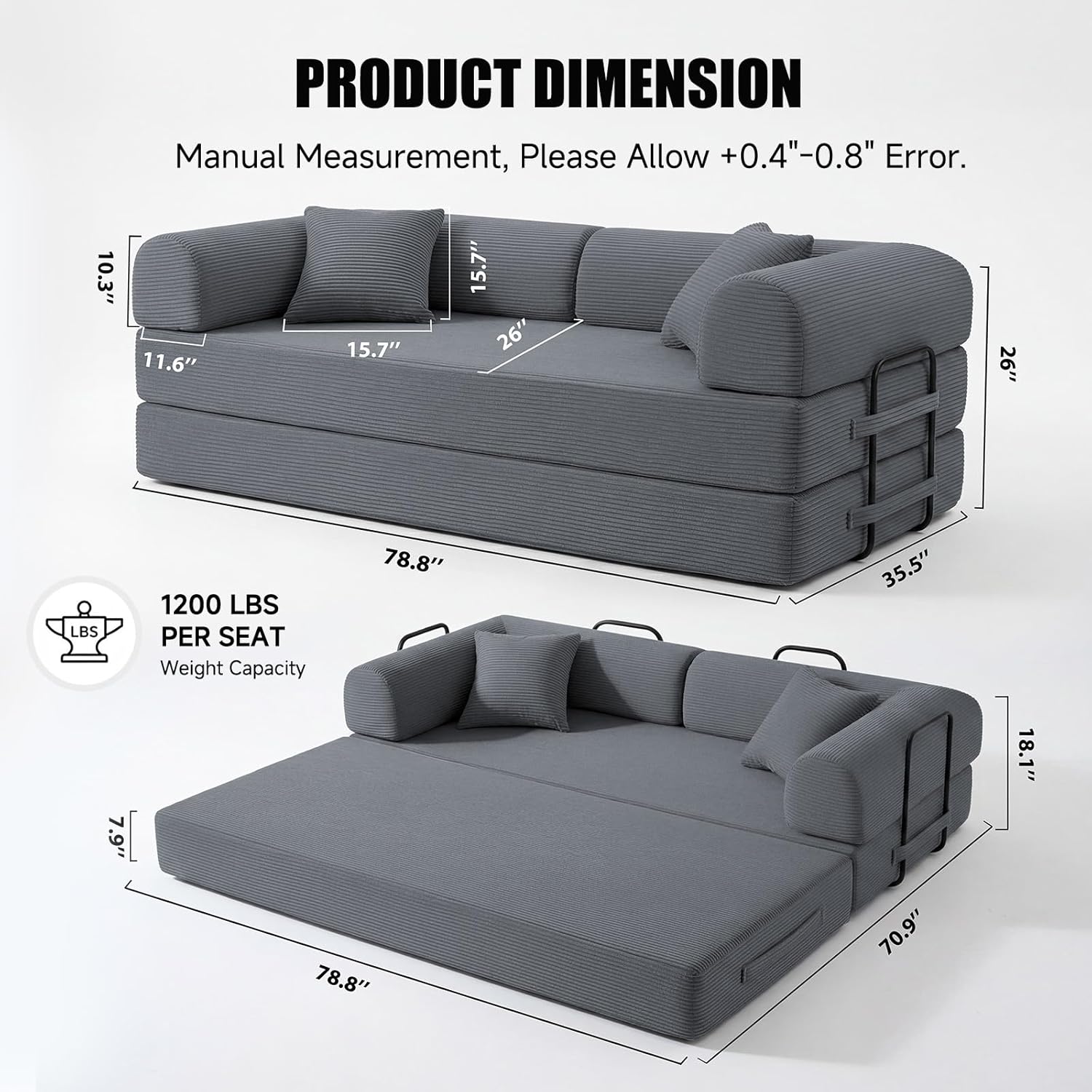 79” Compressed Sofa, Convertible Sofa Bed, Corduroy Compression Boneless Couch in a Box, Comfy Modular Foldable Floor Sleeper Sofa for Bedroom, Living Room (Corduroy Fabric, Dark Gray) | 6-In-1 Loveseat, Removable Cover, Washable