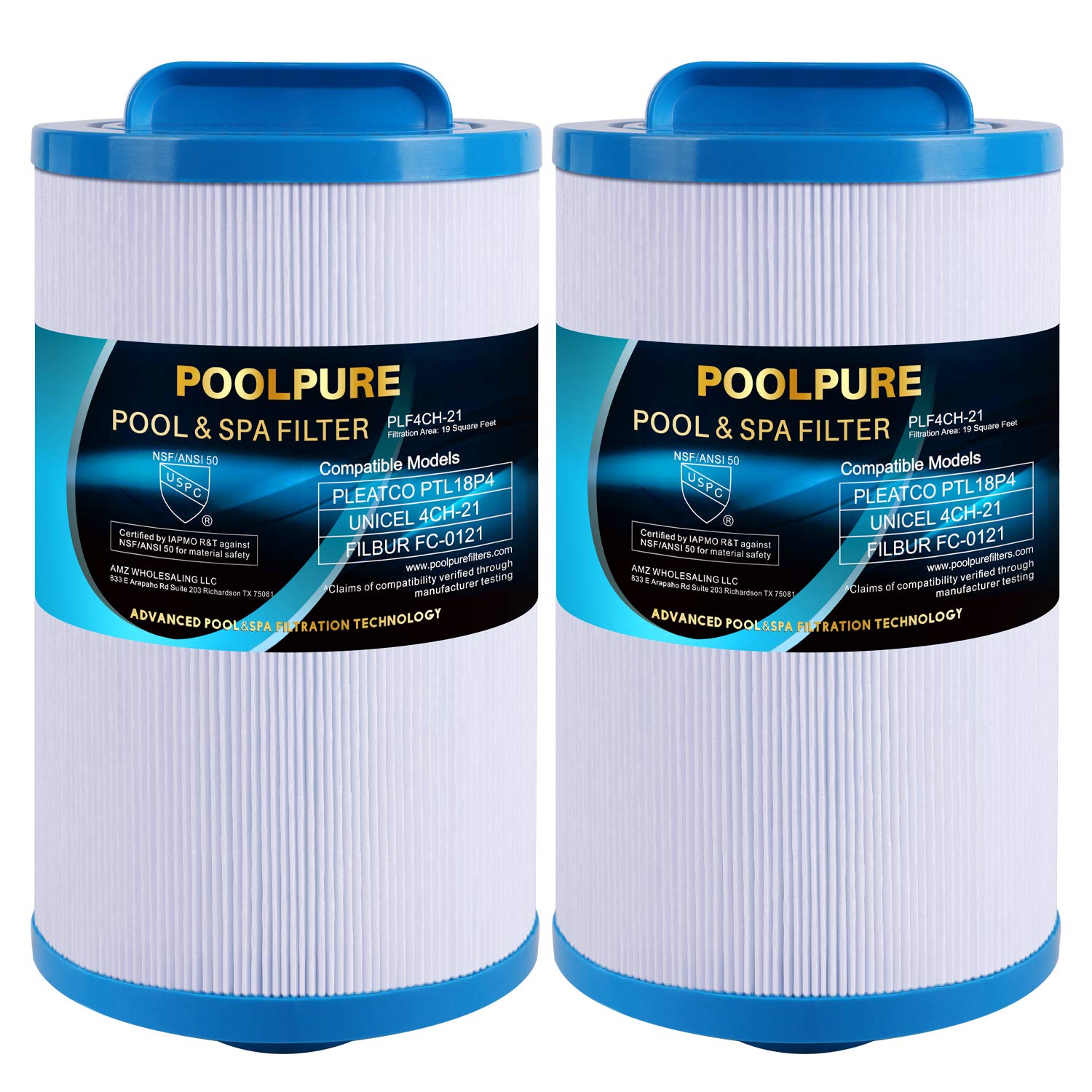 POOLPURE4CH-21 Spa Filter Replaces PTL18P4, PA13, PA17, 4CH-21, PDM25P4, Filbur FC-0121, 20245-238, PVT-25N, Baleen AK-9003, SD-00845, 18 sq.ft Screw in Male Fine(1 1/2" MPT) Thread Filter 2 Pack