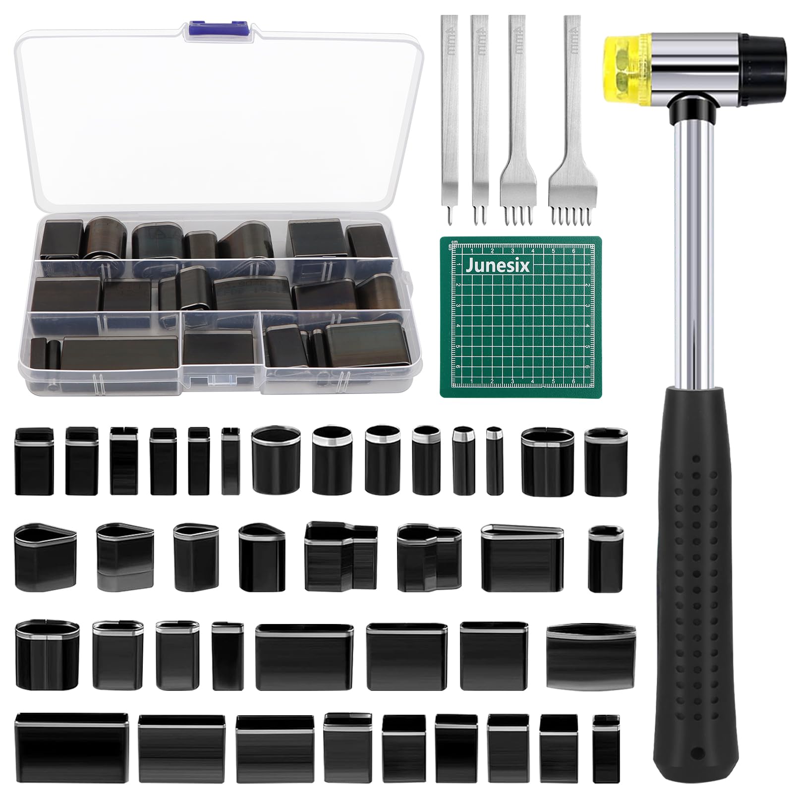 45PCS Leder Bastelset Stanzgerät Werkzeug,39 Formen Stil Hohlstanzer Werkzeug,mit 4PCS Spacing Punch Tool(5 mm Abstand (2 + 4 + 6)),1 Hammer und 1 Matte für Leder Handwerk