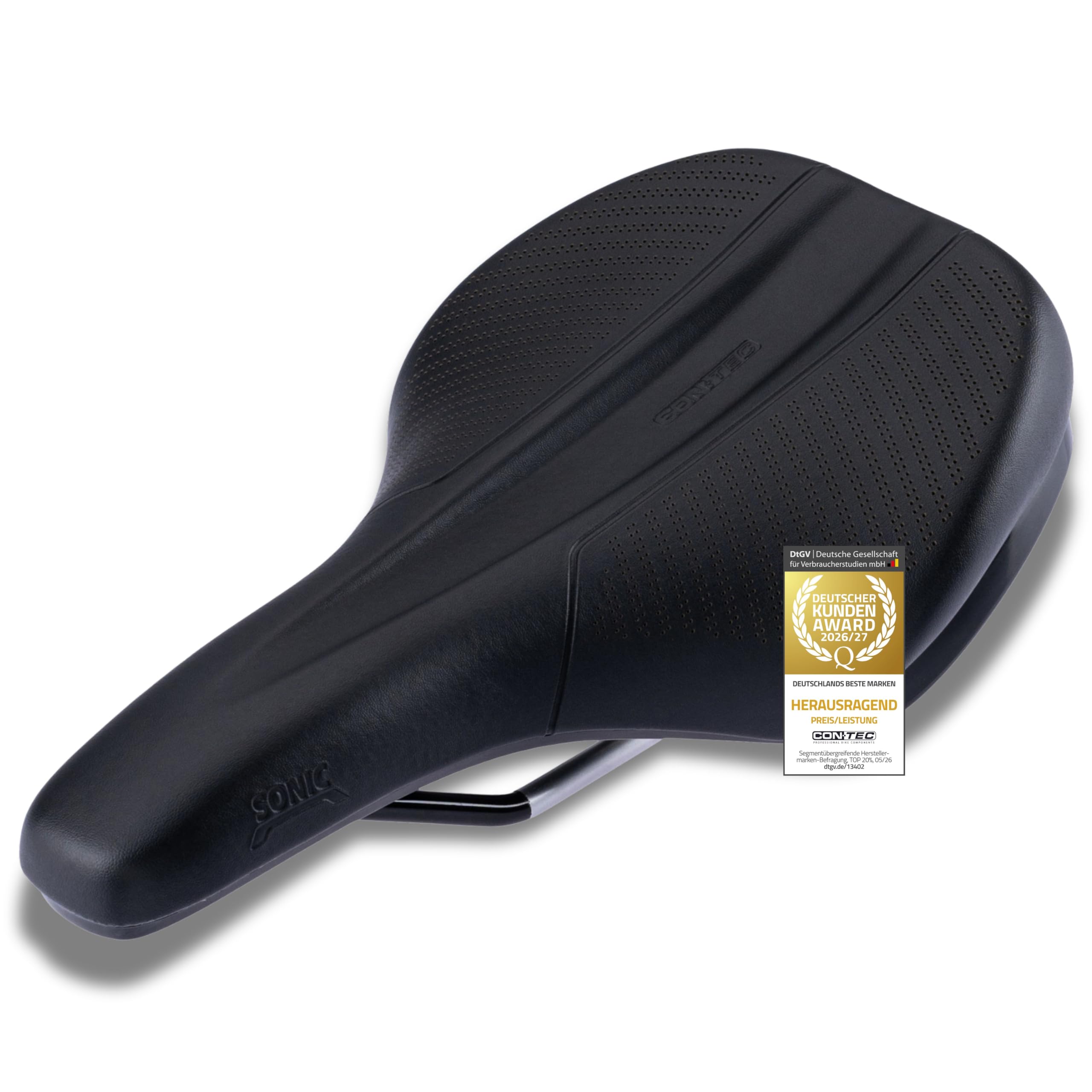 CONTEC Fahrradsattel Sonic MTB, 254x162 mm, aus Nylonfaser und PVC, Stoßdämpfend, Mountainbike Sattel, Skala und Tragegriff, Ergonomischer Fahrrad Sattel für Herren & Damen, schwarz Sport & Freizeit