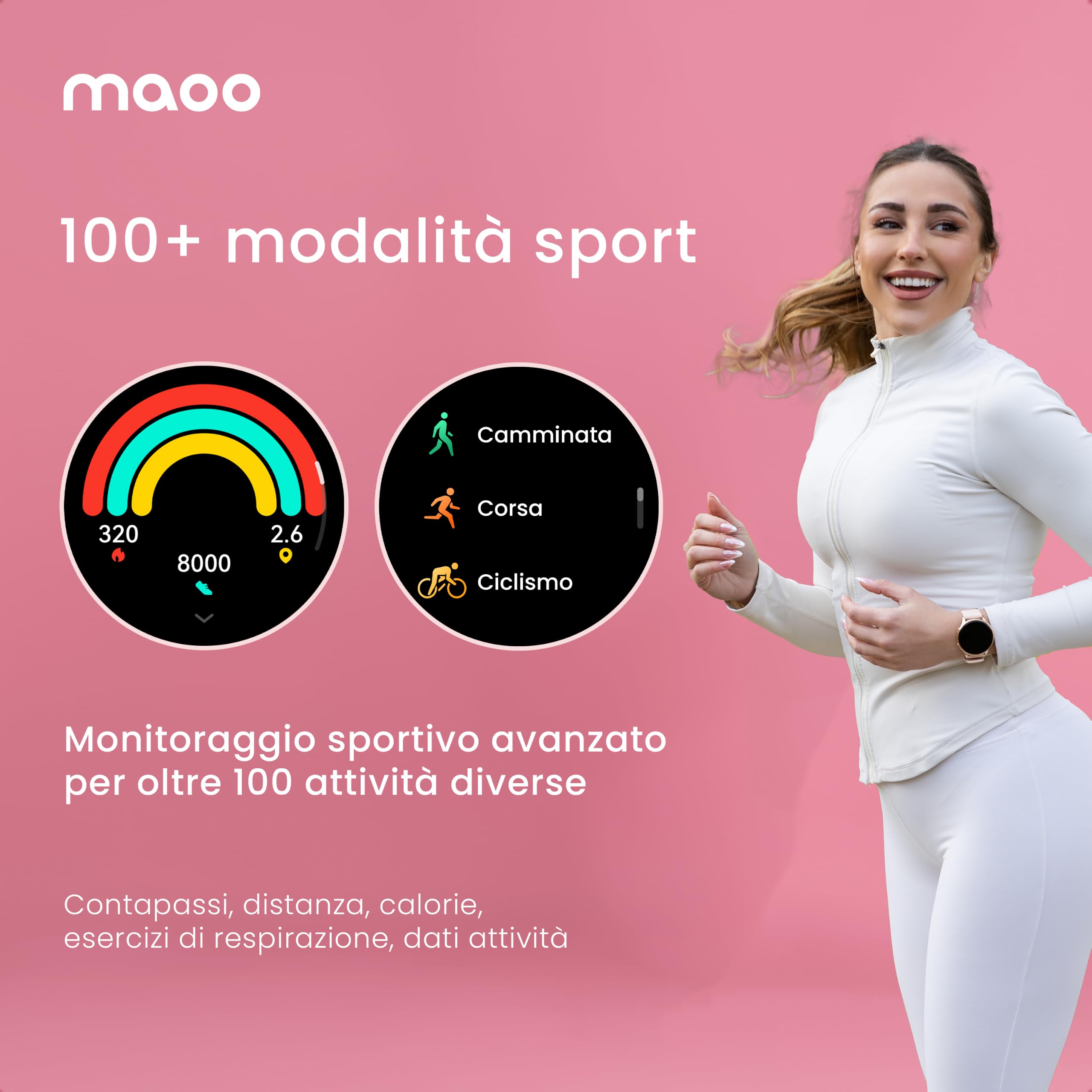 Maoo Ventura Smartwatch Donna con Chiamate, Display AMOLED 1,32”, Cardiofrequenzimetro, SpO₂, Pressione Sanguigna, 100+ Modalità Sportive, IP67, 5 Cinturini, Oro Rosa