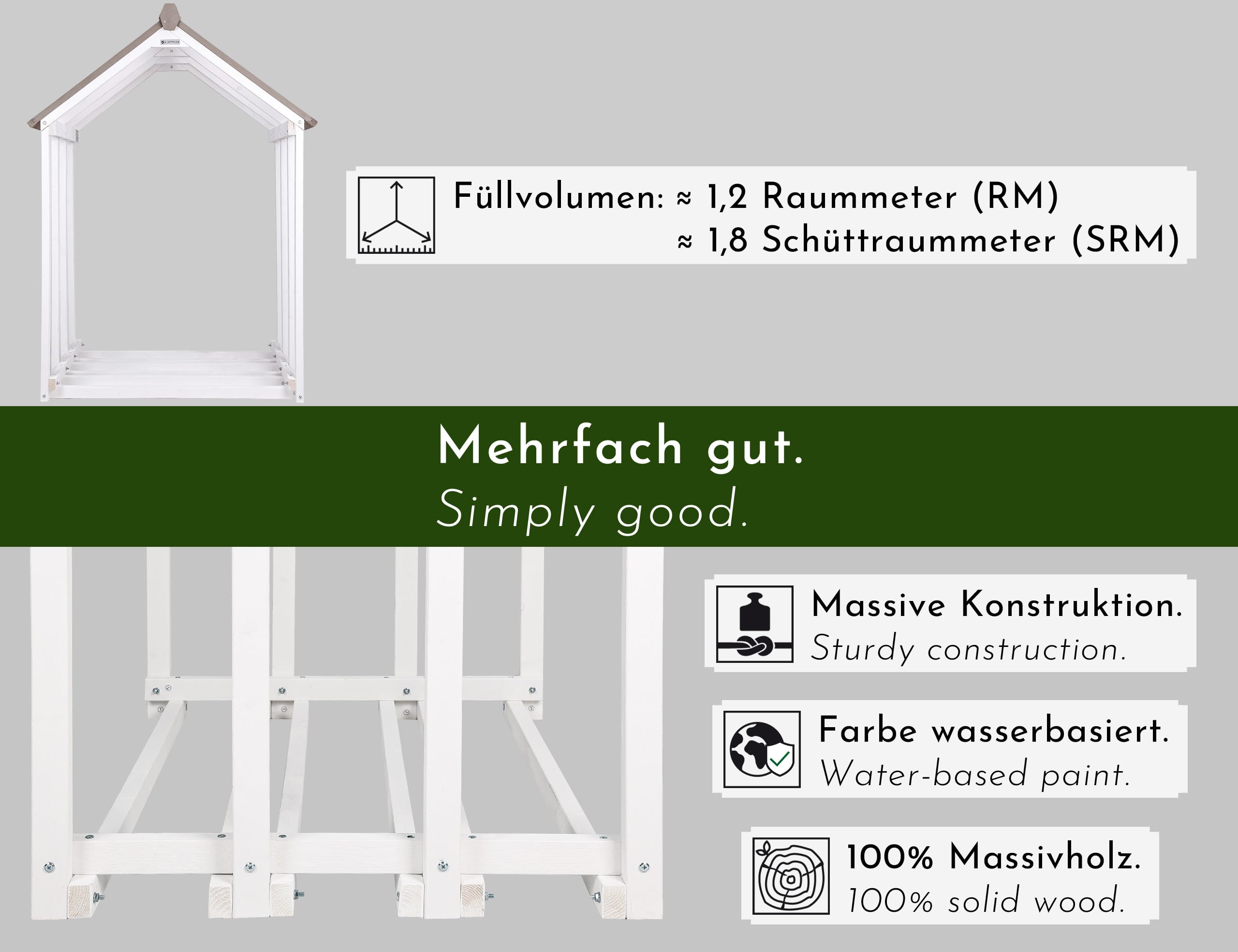 Design Kaminholzregal aus Holz mit Dach außen, Brennholzregal Holzlager-Regal Feuerholzregal Kaminholzunterstand Kaminholzlager klein Brennholzlager draußen Outdoor, 1,8 SRM, weiß grau