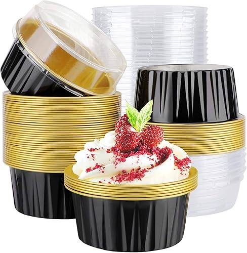 EUSOAR - Vasos de aluminio para hornear, 5 onzas, 50 tazas reutilizables para magdalenas con tapas, 3.34 x 2.59 x 2.35 pulgadas, ramequines para EUSOAR - Vasos de aluminio para hornear, 5 onzas, 50 tazas reutilizables para magdalenas con tapas, 3.34 x 2.59 x 2.35 pulgadas, ramequines para