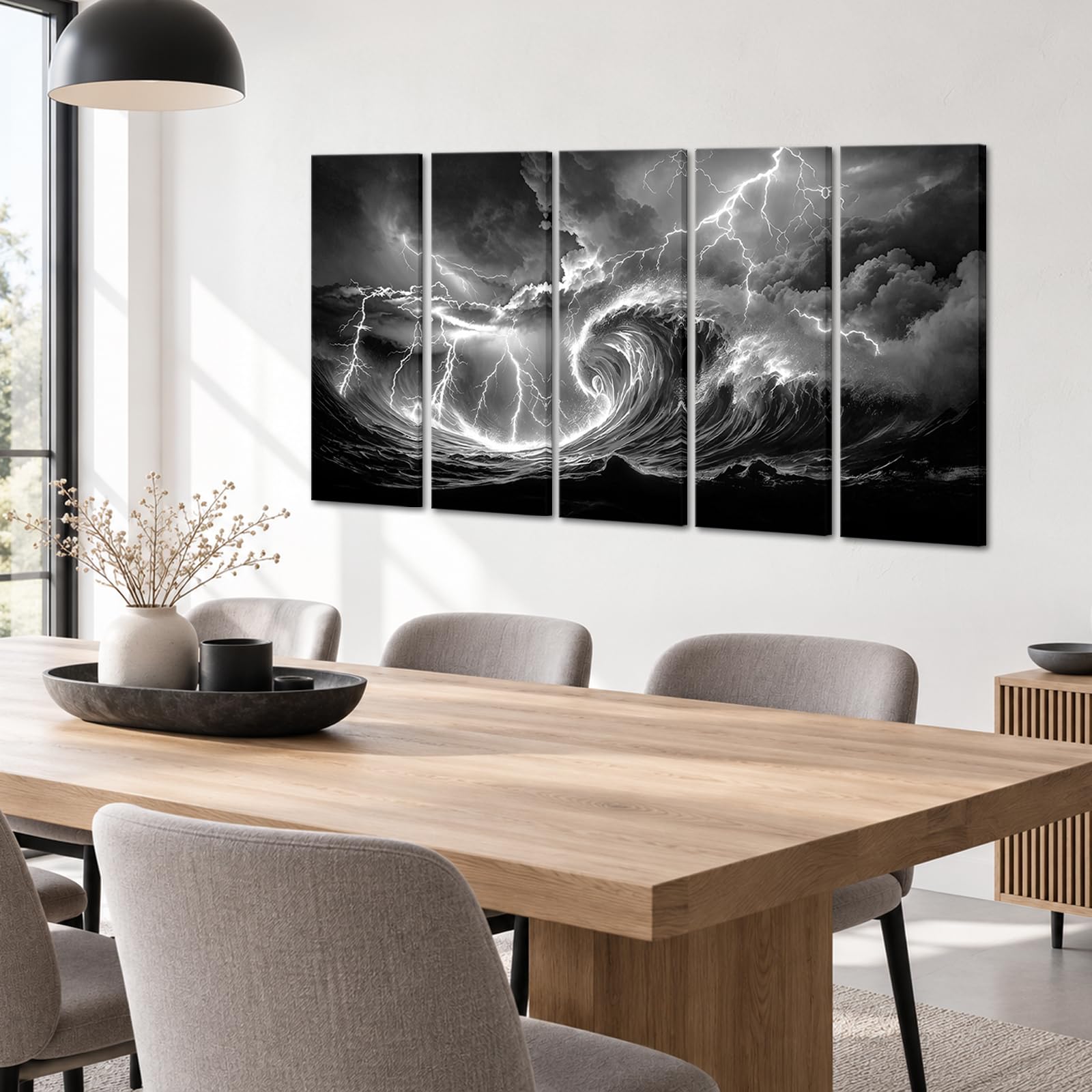 Biuteawal 5 piezas de arte de pared con diseño de olas del océano, relámpago, blanco y negro, imágenes enmarcadas de paisaje marino, decoración moderna para el hogar y