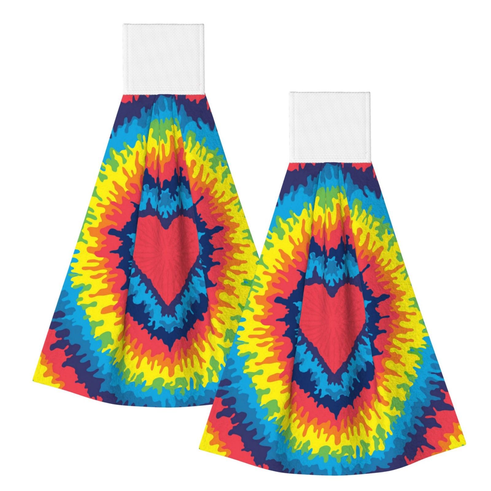 DOPKLNA Heart Love Rainbow Tie Dye, 2 Pcs Hanging Coral Fiber Hand Towels for Bathroom, Absorbent Kitchen Towels