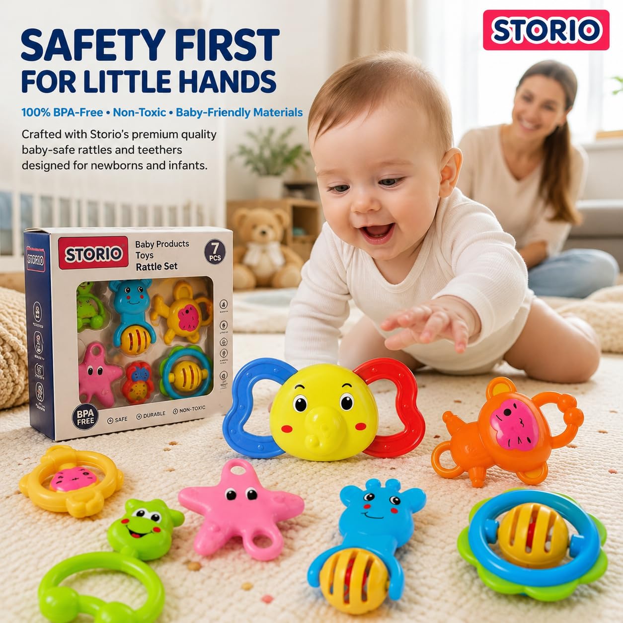 Storio Baby Products Toys 7 Pcs Rattle Set with Teathers for New Born Baby Gifts, Toy for Babies, Non-Toxic — Amazon image 3