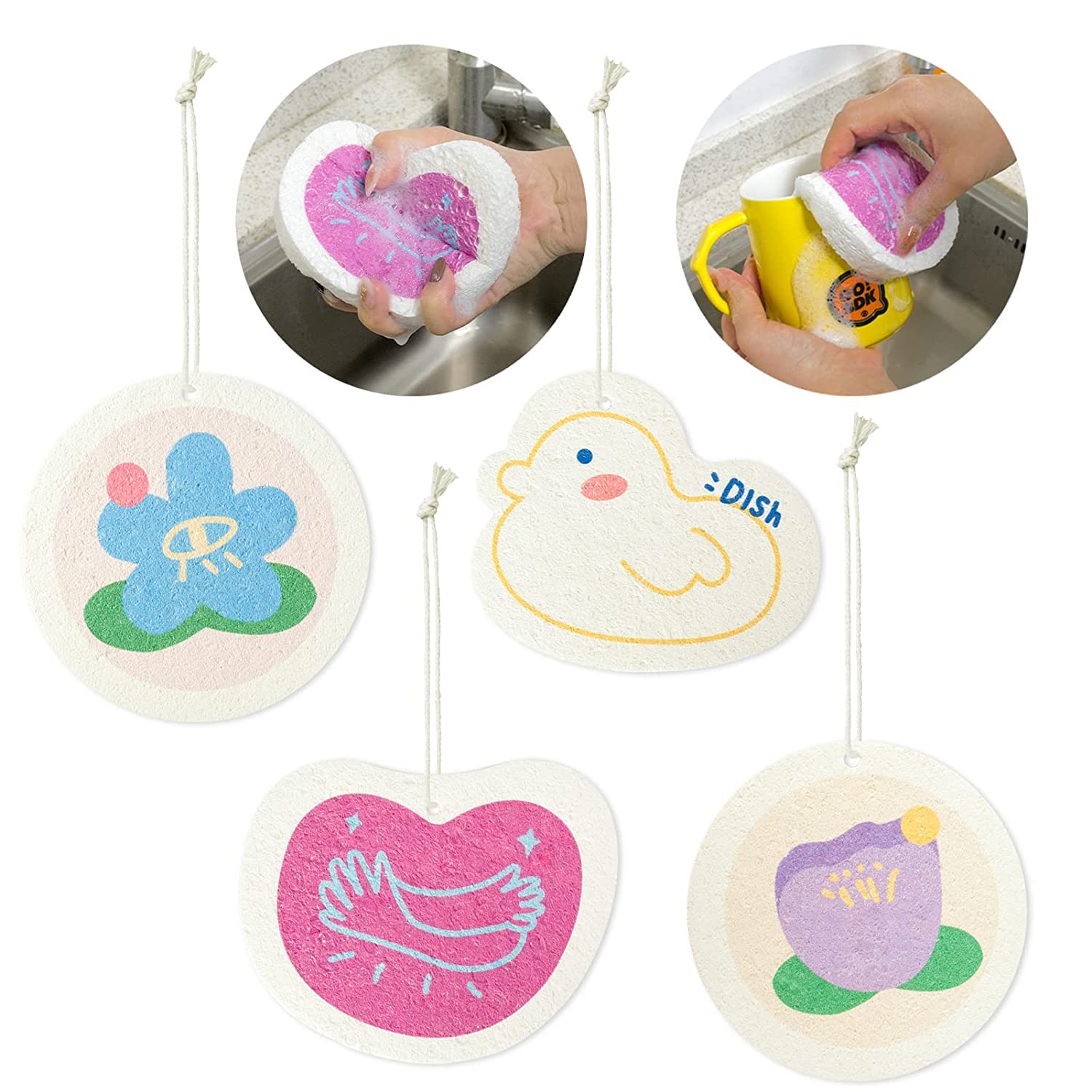 LIBAH 2 pcs Cute Cleaning Sponge, Compressed Wood Pulp Sponge, Super Absorbent Sponge Block, Reusable Non-Scratch Dual-Sided Dish Washing & Body Shower Sponge (Random Color & Design)