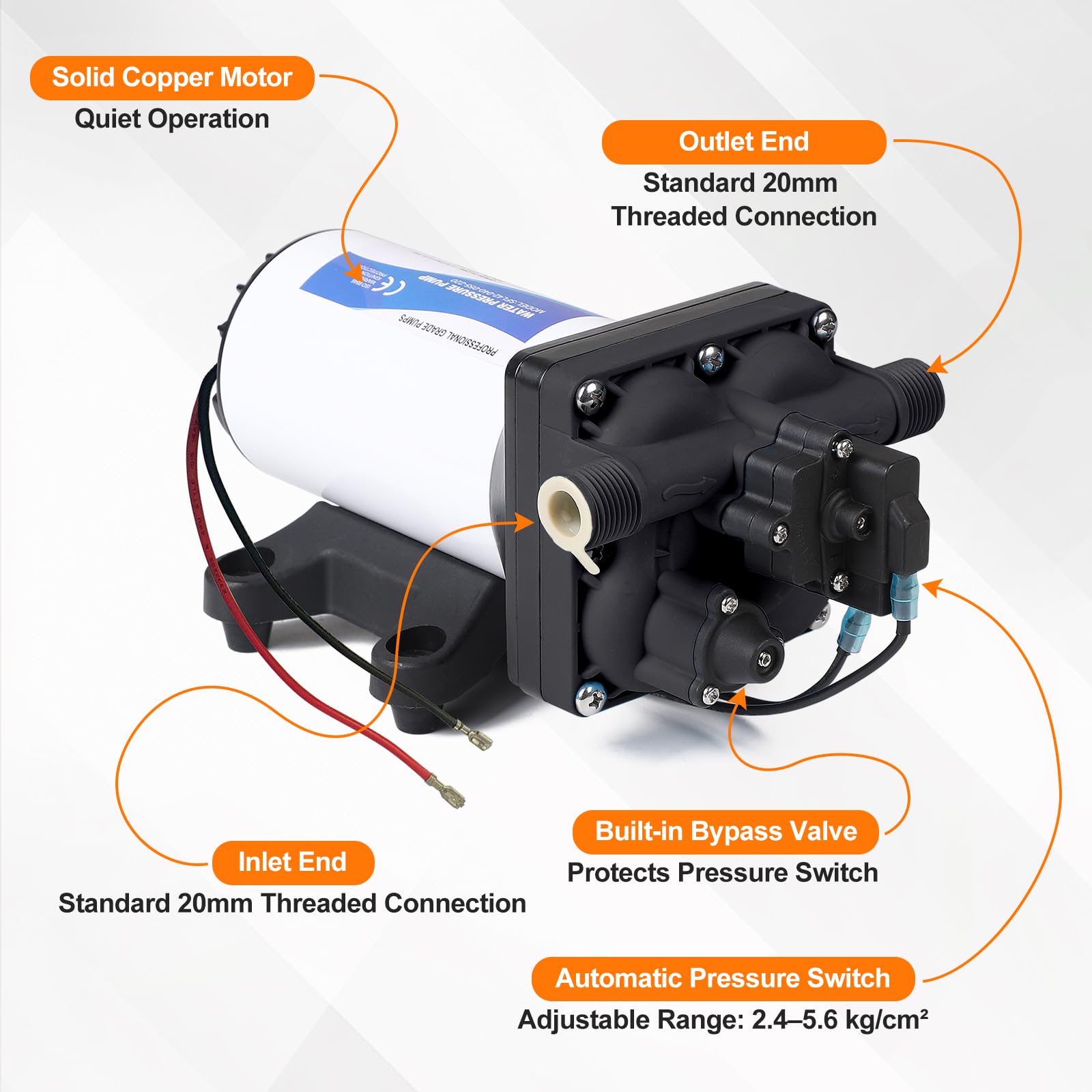 CPROSP Bomba de Agua 12v, 11,3L/min 49,2W, Bomba de Membrana Autocebante para Autocaravana, Bomba de Diafragma con Interruptor de Presión, 3,8Bar (55Psi), para Caravanas, Autocaravanas, Barcos