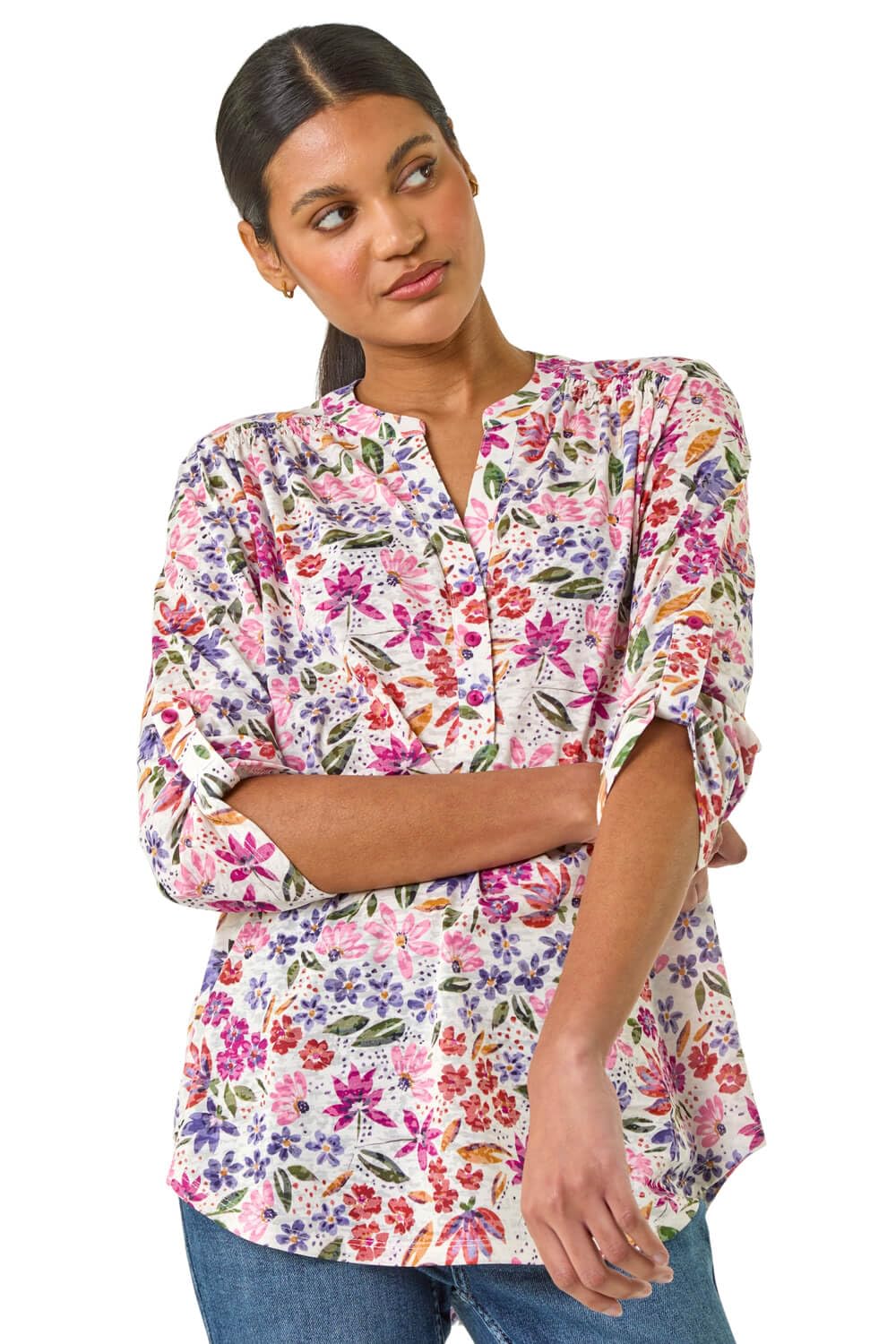 Roman Women's Pink Floral Print Burnout V-Neck Top In | : Size 20