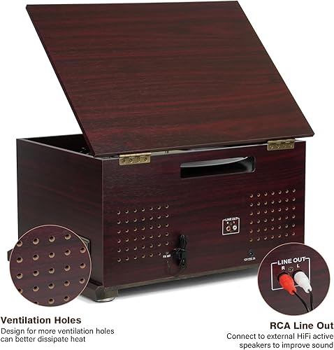 Miniatura 5 de Tocadiscos Bluetooth 10 en 1, tocadiscos de 3 velocidades con altavoces, entrada y salida Bluetooth, CD, casete, radio FM, transmisión inalámbrica