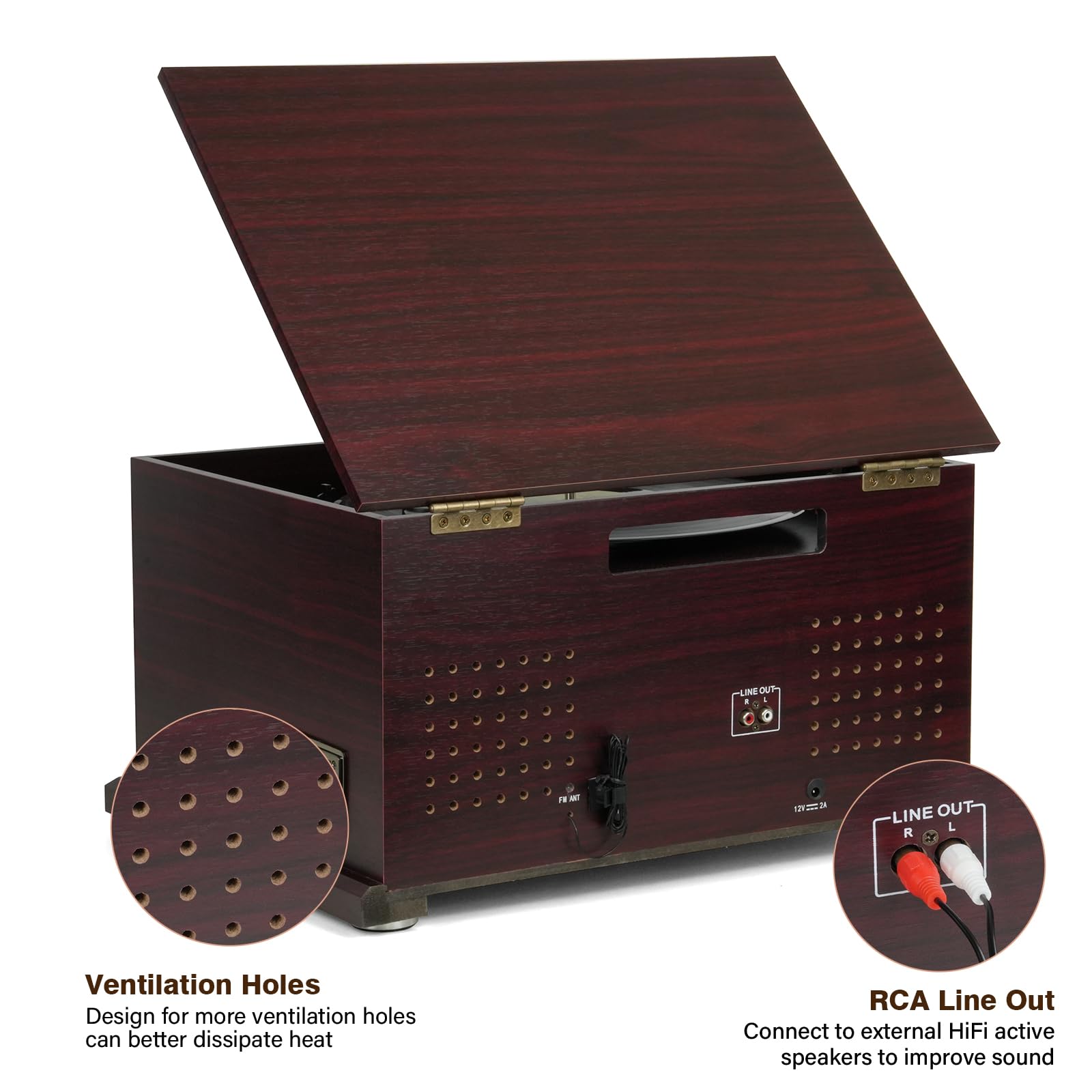 FEKTIK Lettore di dischi Bluetooth 10 in 1, Giradischi a 3 velocità con trasmissione a cinghia e altoparlanti, Ingresso e uscita Bluetooth, CD, Cassetta, Radio FM, Streaming wireless