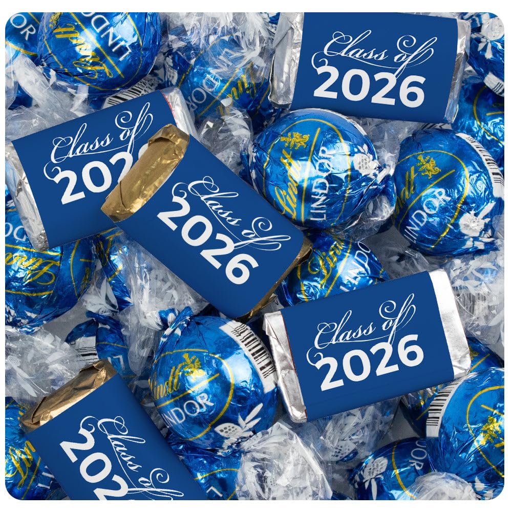 61 Pcs Blue Graduation Candy Party Favors Wrapped Miniatures & Sea Salt Milk Chocolate Truffles (Approx. 61 Pcs)