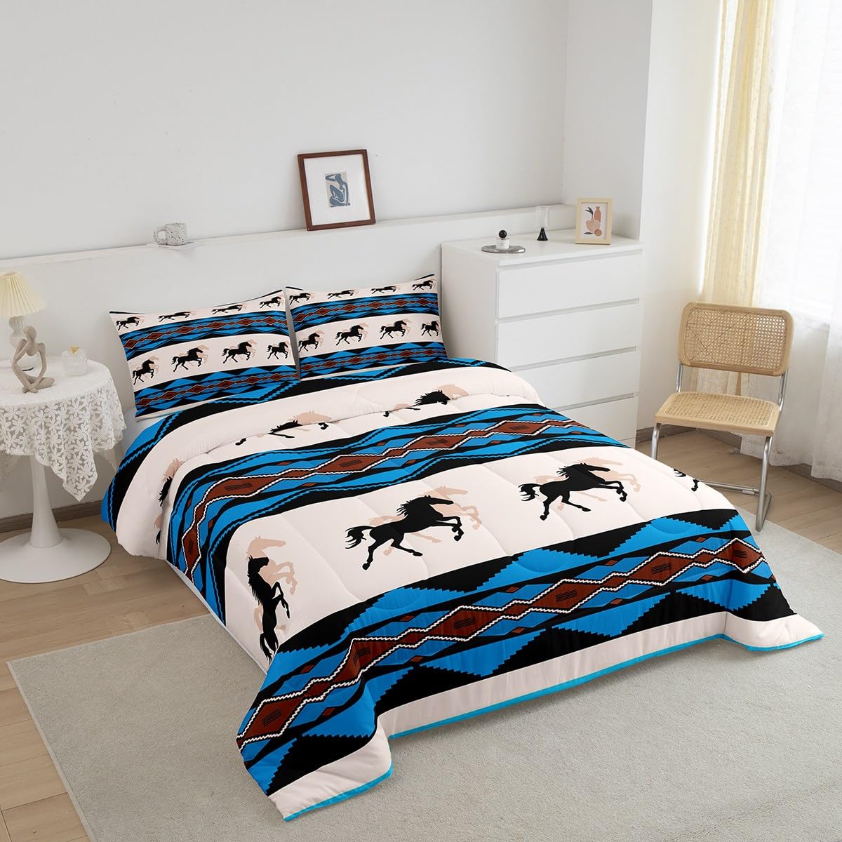 Juego de edredón de caballo, juego de ropa de cama rústico de vaquero occidental, edredón de plumón azteca nativo americano para niños y niñas, decoración de habitación del suroeste, colcha de vida