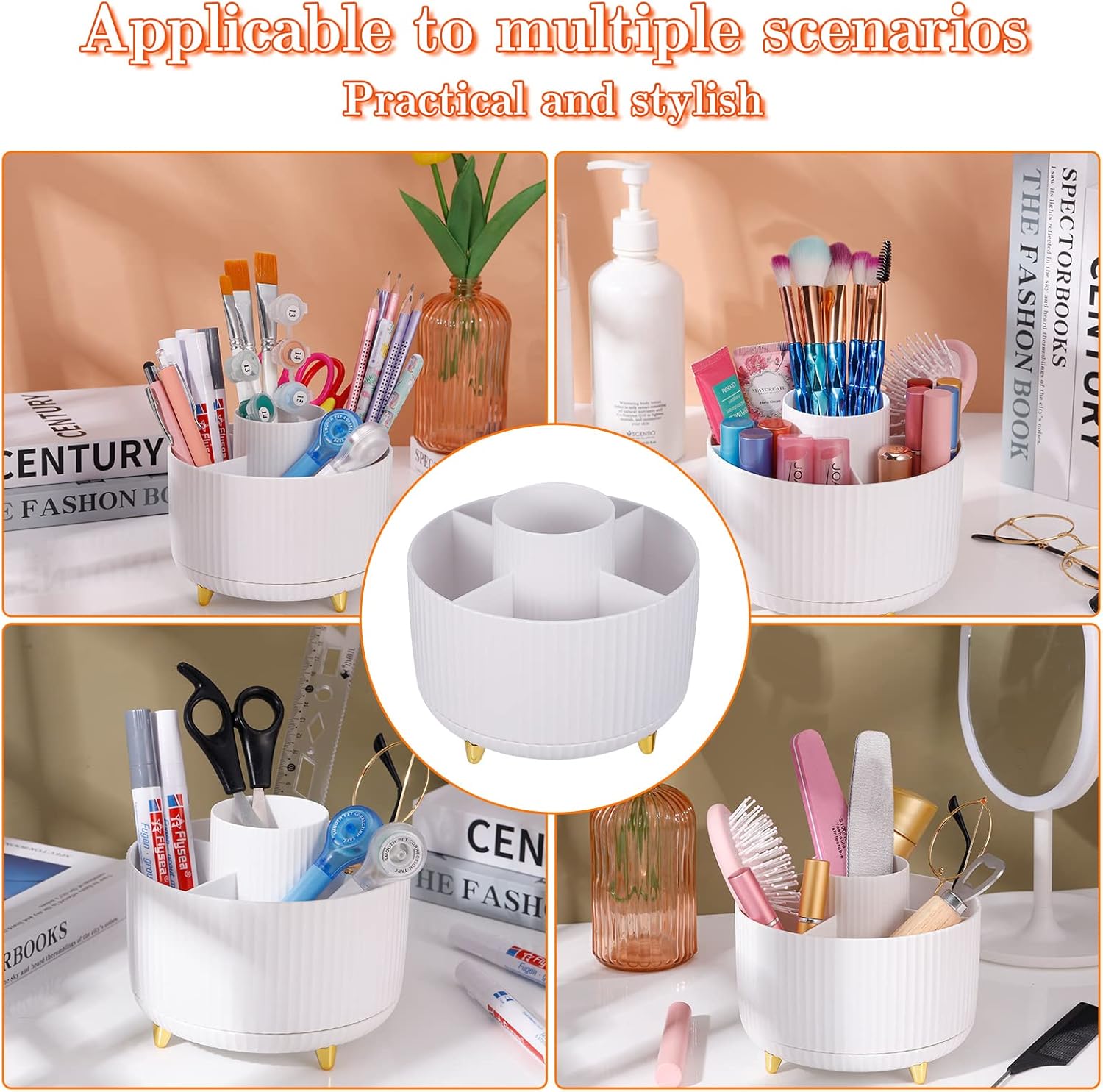 Rotating Makeup Organizer, 360° Spinning Make up Stand, 5 Slot Makeup Brushes Cup and Pencil Pen Holder, for Vanity Decor, Bathroom Countertops, Desk Storage Container, Cosmetic Display Cases(White) 7 71VhsmMLWHL. AC SL1500