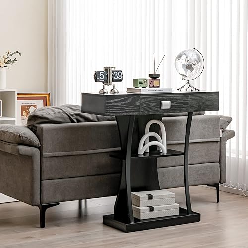 Miniatura 9 de LDAILY Mesa consola de 3 niveles, mesa de sofá industrial y moderna con cajón de almacenamiento y dispositivo anticaída, mesa detrás del sofá para