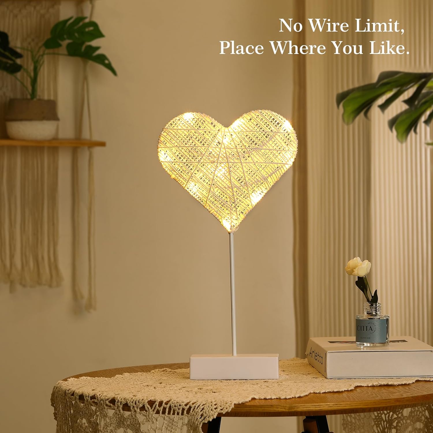 Lewondr Heart Decorative Table Lamp, Valentines Day LED Light Winding Cotton Thread Night Lamp for Bedroom, Battery Powered Desk Lamp for Galentine's Day Romantic Gifts for Women Home Decorations