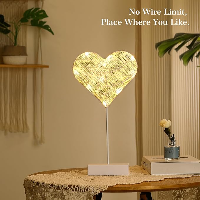 Lewondr Lewondr Decorative Table Lamp, Heart LED Light Winding Cotton Thread Night Lamp for Bedroom, Battery Powered Desk Lamp for Valentine's Day Romantic Xmas Home Decorations Bedside Table Lamp, White photo 3