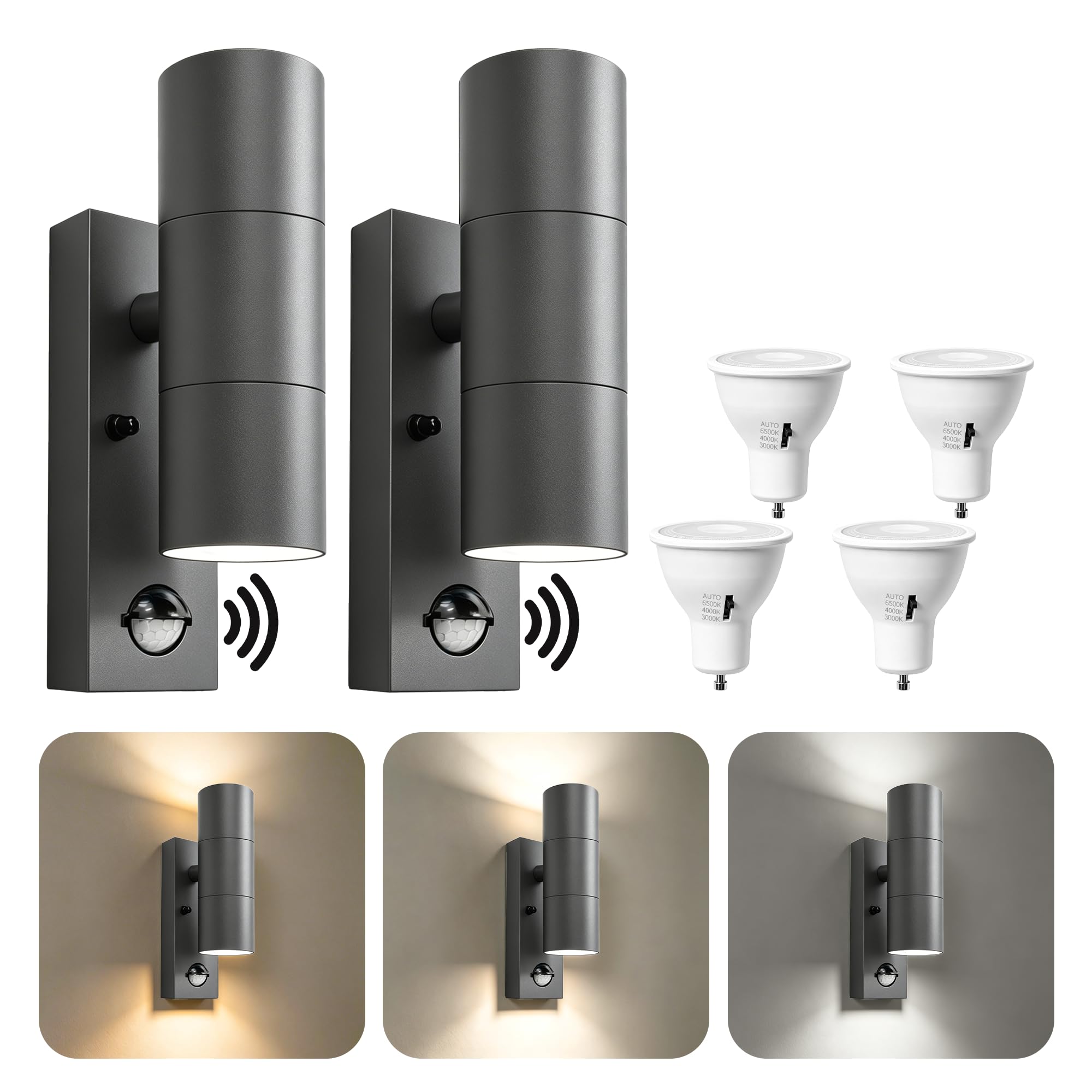 YOVGQOLV PIR Motion Sensor Lights Outdoor Up Down Outside Lights CCT GU10