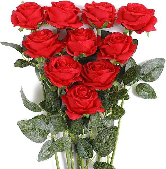 JUSTOYOU 10 PCS Red Rose Artificial,Silk Red Flowers Realistic Bouquet,Single Long Stem Fake Roses for Home Table Office Party Wedding Garden Arrangements(10 PCSRed)