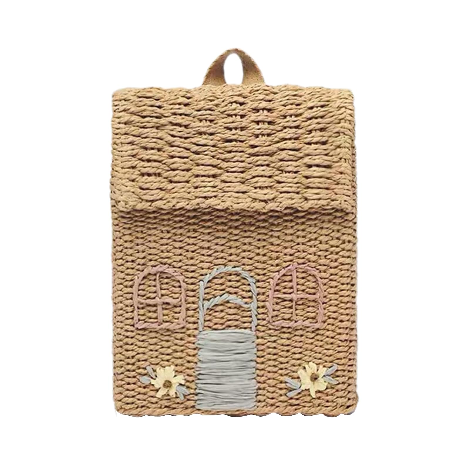 Mochila de paja trenzada hecha a mano pequeña caqui vertical 8