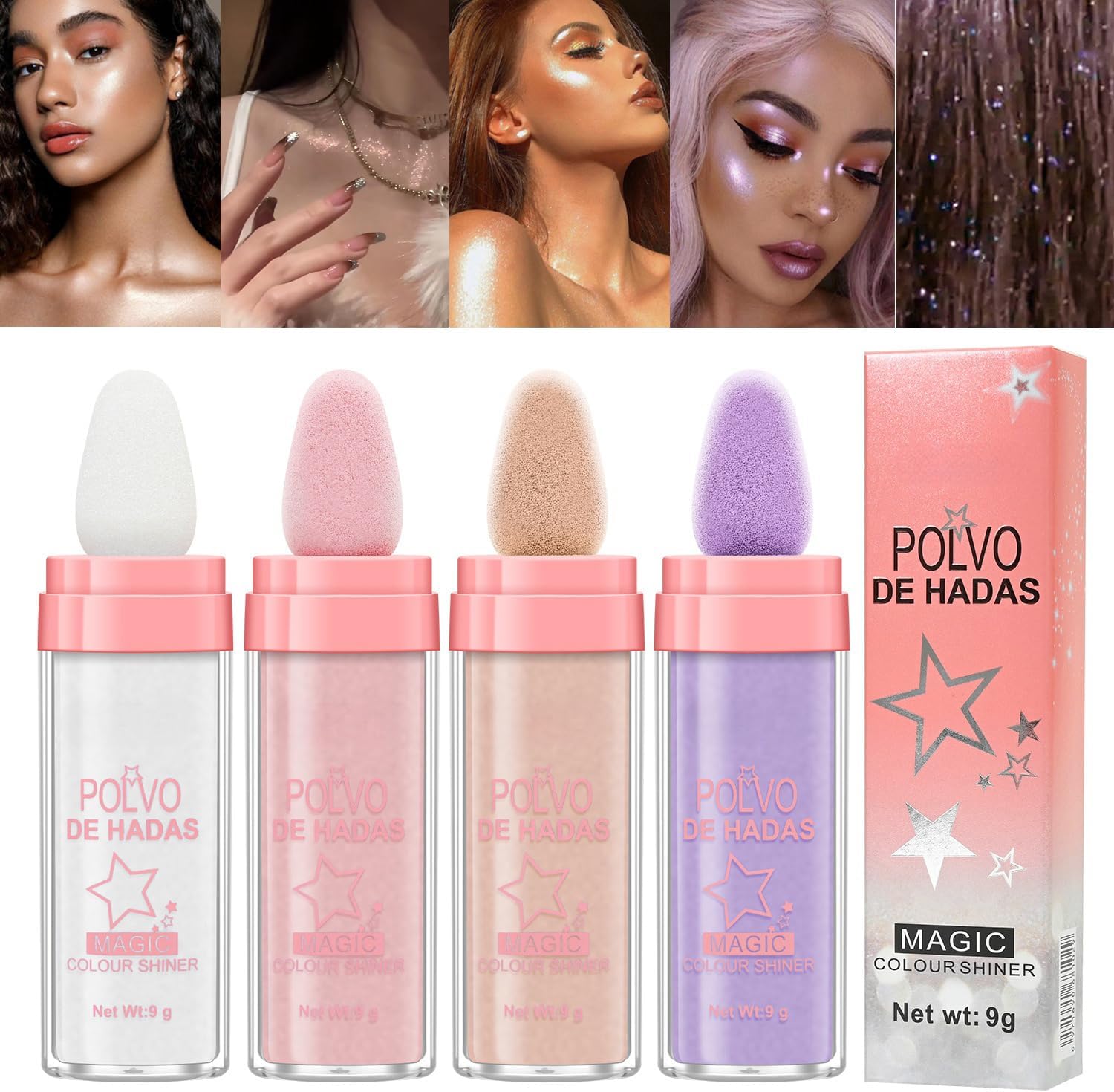 4 Color Polvo De Hadas Fairy Dust Highlight Patting - Full Body Contouring and Clavicle Pearlescent Patting Powder for Face and Eye, Christmas Sparkling Body Glitter (4 Pack)