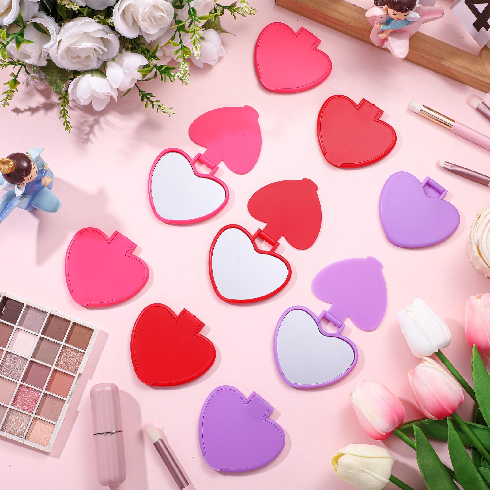 Geetery 48 espejos compactos para el día de San Valentín, regalos a granel, mini espejo de bolsillo en forma de corazón, pequeños espejos plegables para maquillaje, portátil, viaje, corazón, bolso,