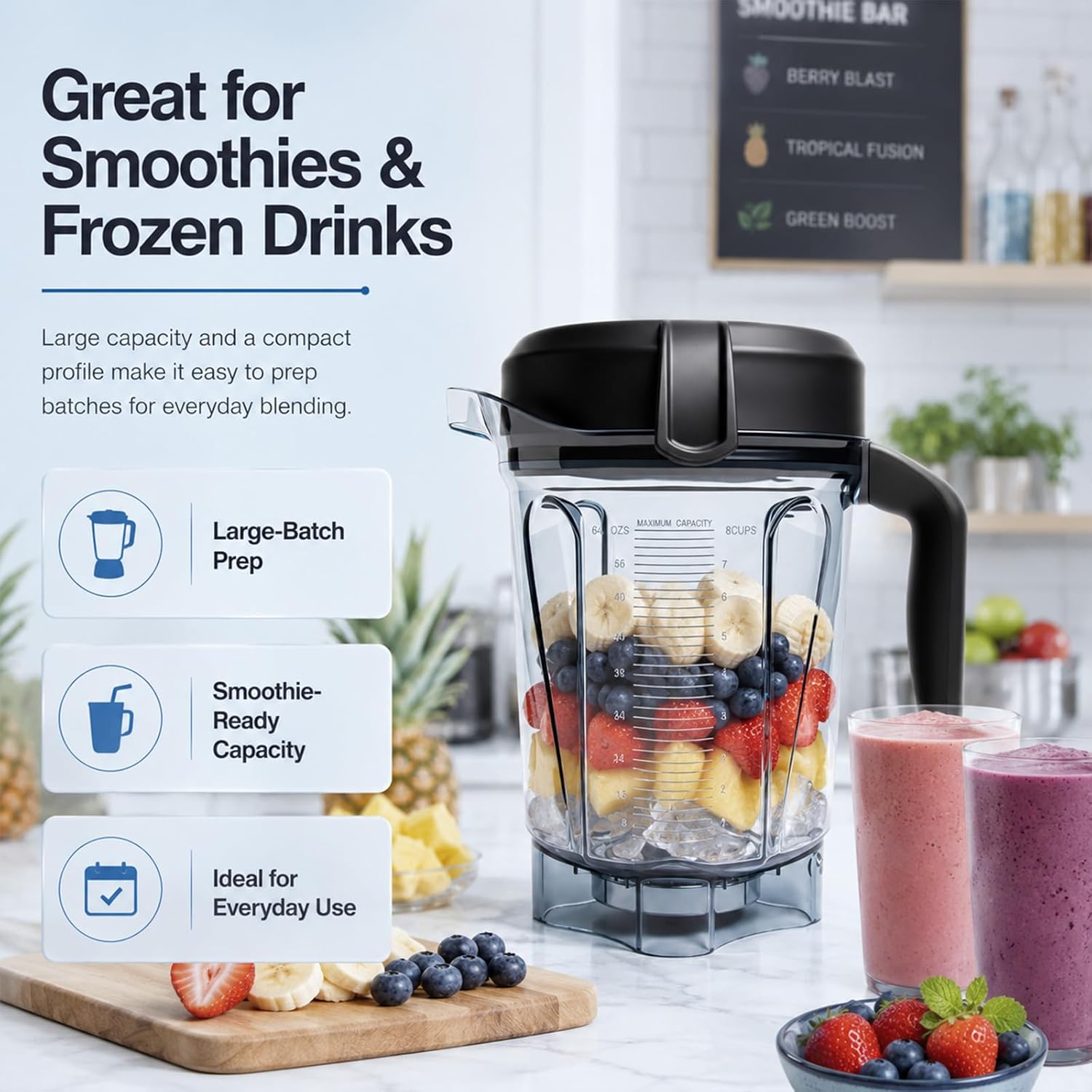 64oz Low-Profile Blender Pitcher, Compatible with Vitamix 5200 7500 5000 6300 750 E310 VM0102 VM0103 VM0197, BPA-Free Container Jar Cup for Classic/Explorian/Commercial Series