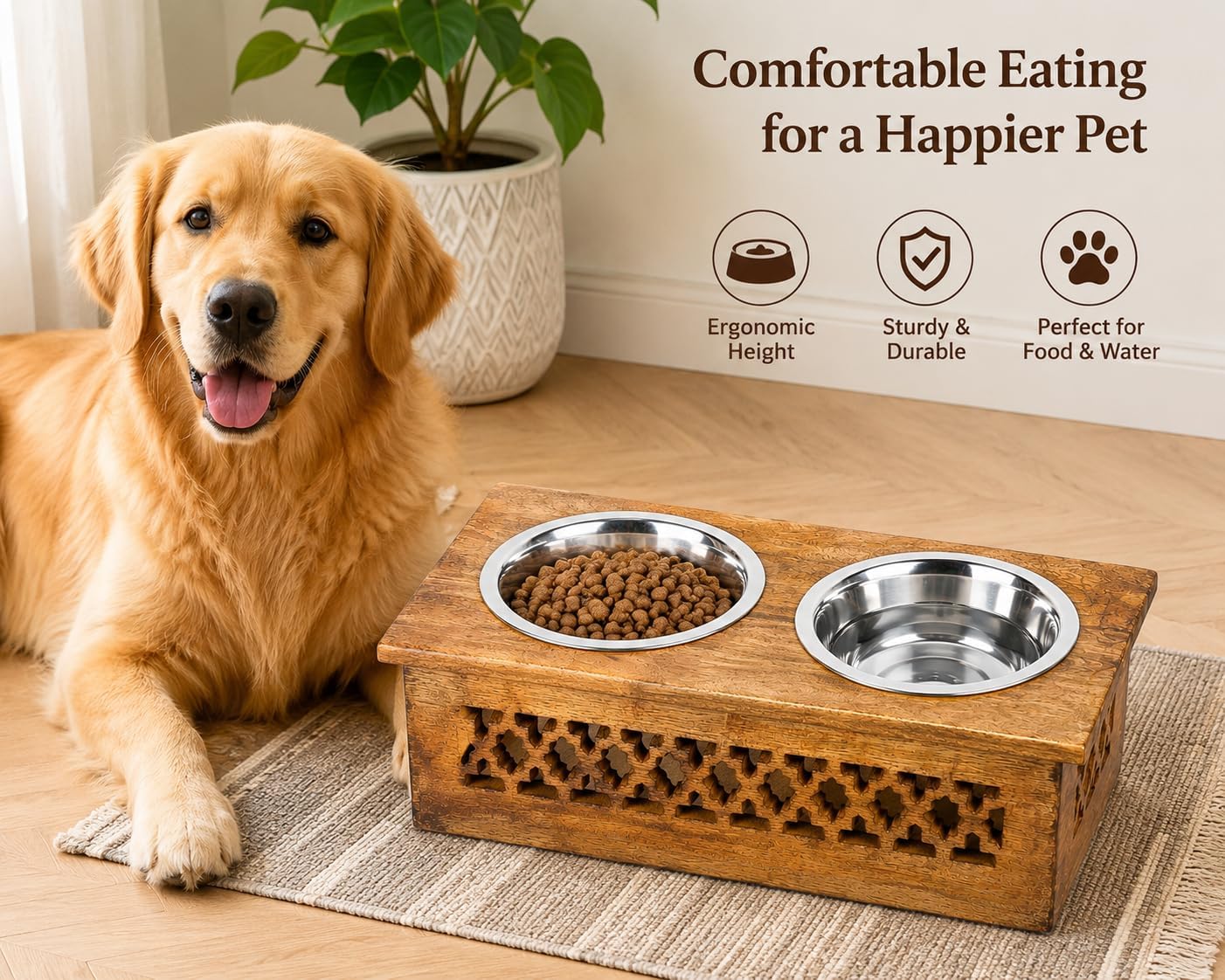 Wooden Elevated Pet Feeder Station with 2 Stainless Steel Bowls | Raised Dog & Cat Feeding Stand | Food & Water Bowl Holder for Cats, Puppies | Wooden Pet Dining Table | 16 x 8.5 x 5 Inches