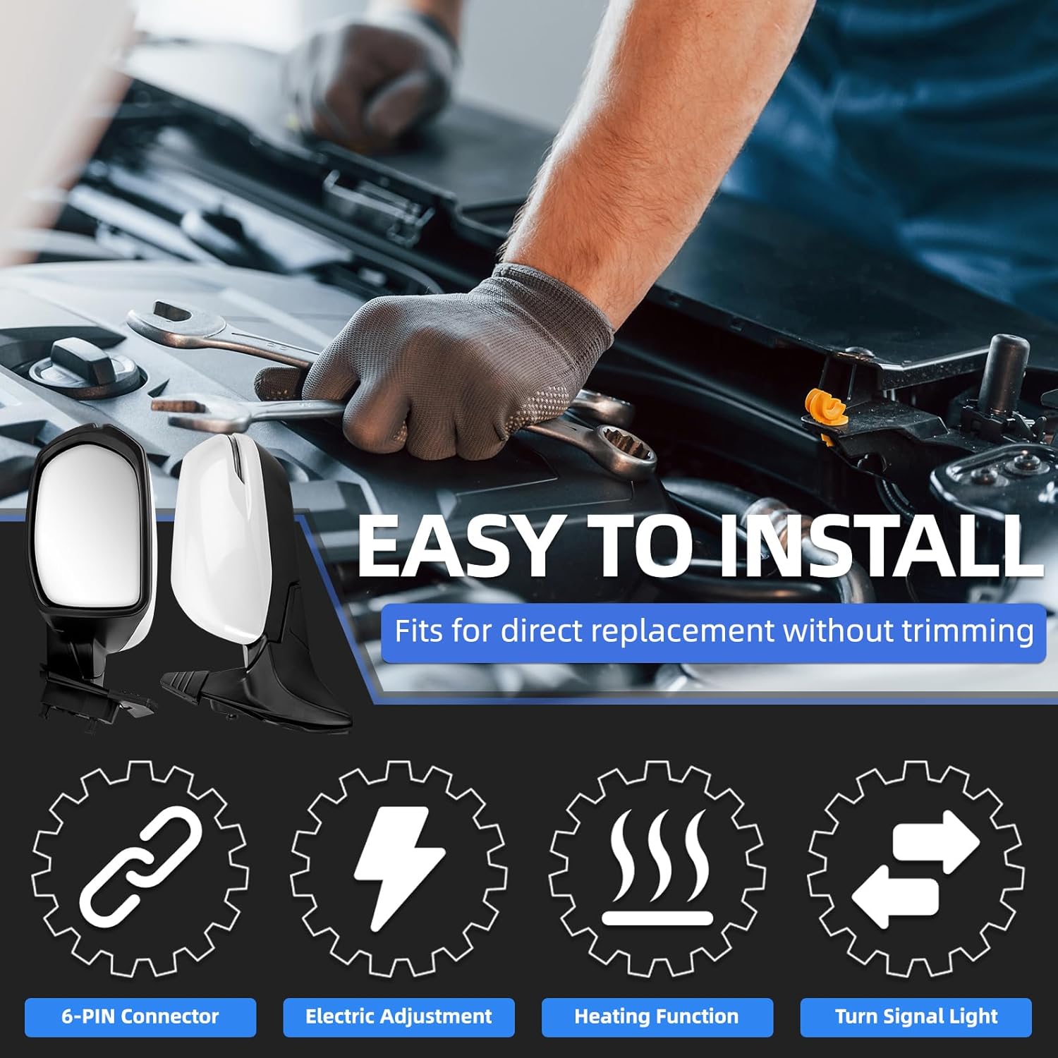 Left Driver Side Rear View Mirror Replacement for Honda HR-V HRV 2016-2022 - Rearview Mirrors Assembly with 6Pins, Electric Adjustment, Turn Signal Light, Heating, Pearl White