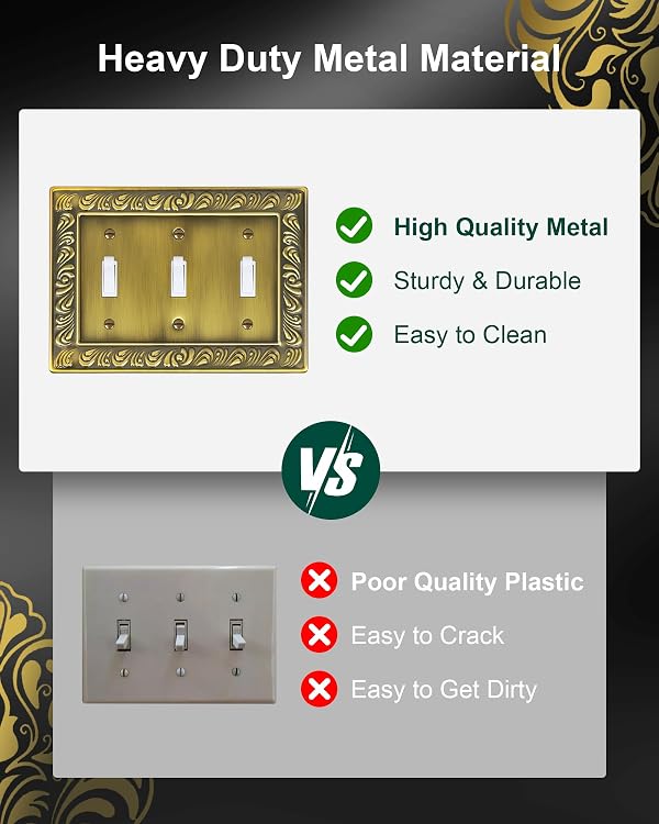 2-Pack Triple Toggle Light Switch Cover Plate, Paisley Pattern Decorative Switch Plate Covers, Antique Brass 3 Gang Metal Wall Plates, Corrosion Resistant by treewell - Image 4