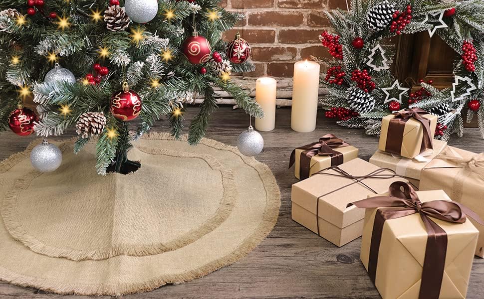 Ivenf Christmas Tree Skirt, 30 inches Small Plain Burlap Tree Skirt with Tassels, Natural Jute Tree Skirt for Xmas Home Decor Indoor, Fall Winter Rustic Christmas Decorations for Slim Pencil Tree