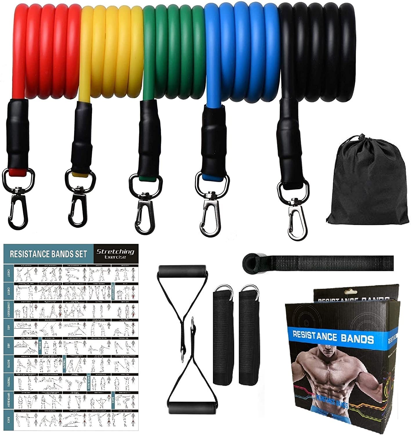 Resistance Bands 12 Piece Stretch Fitness Home Gym Workout Set Stackable Up to 100 lbs for Back Chest Leg Arm Physical Therapy with Handles Door Anchor Ankle Strap Bag Yoga Muscle Massage Ring