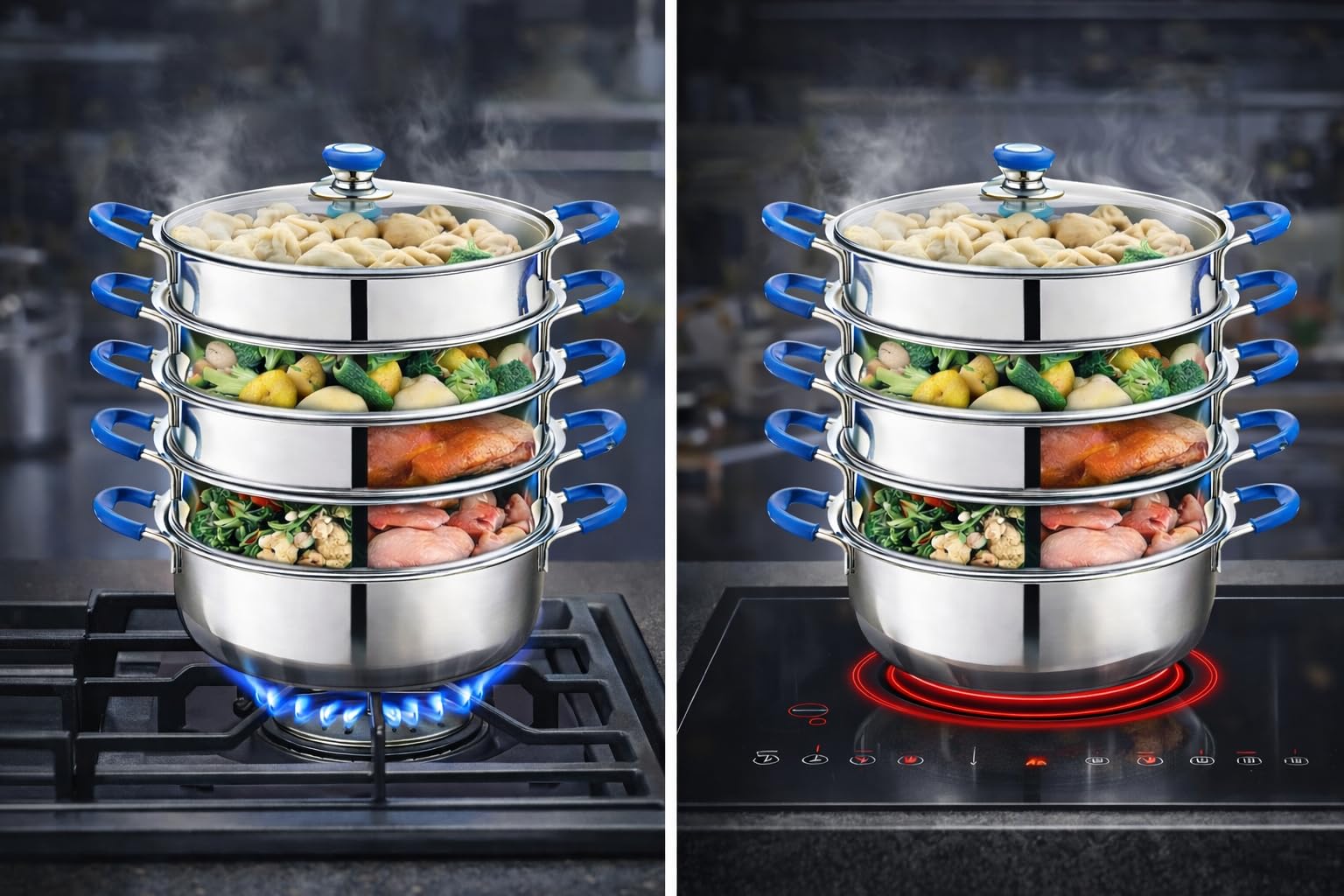 Dampfkocher "Kasachstan" Edelstahl 6-teilig – Mantykocher - Asia Serie – Hochwertiger Dampfgarer für alle Herdarten (Induktion, Gas, Elektro) – Spülmaschinengeeignet (30 cm)