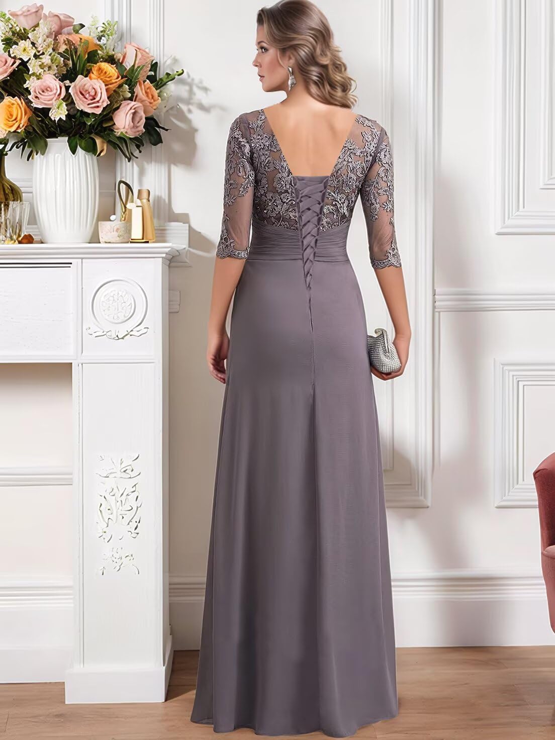 Chiffon Mother of The Bride Dresses 2026 Long Lace Appliques Ruffle Half Sleeve Formal Evening Dresses for Women