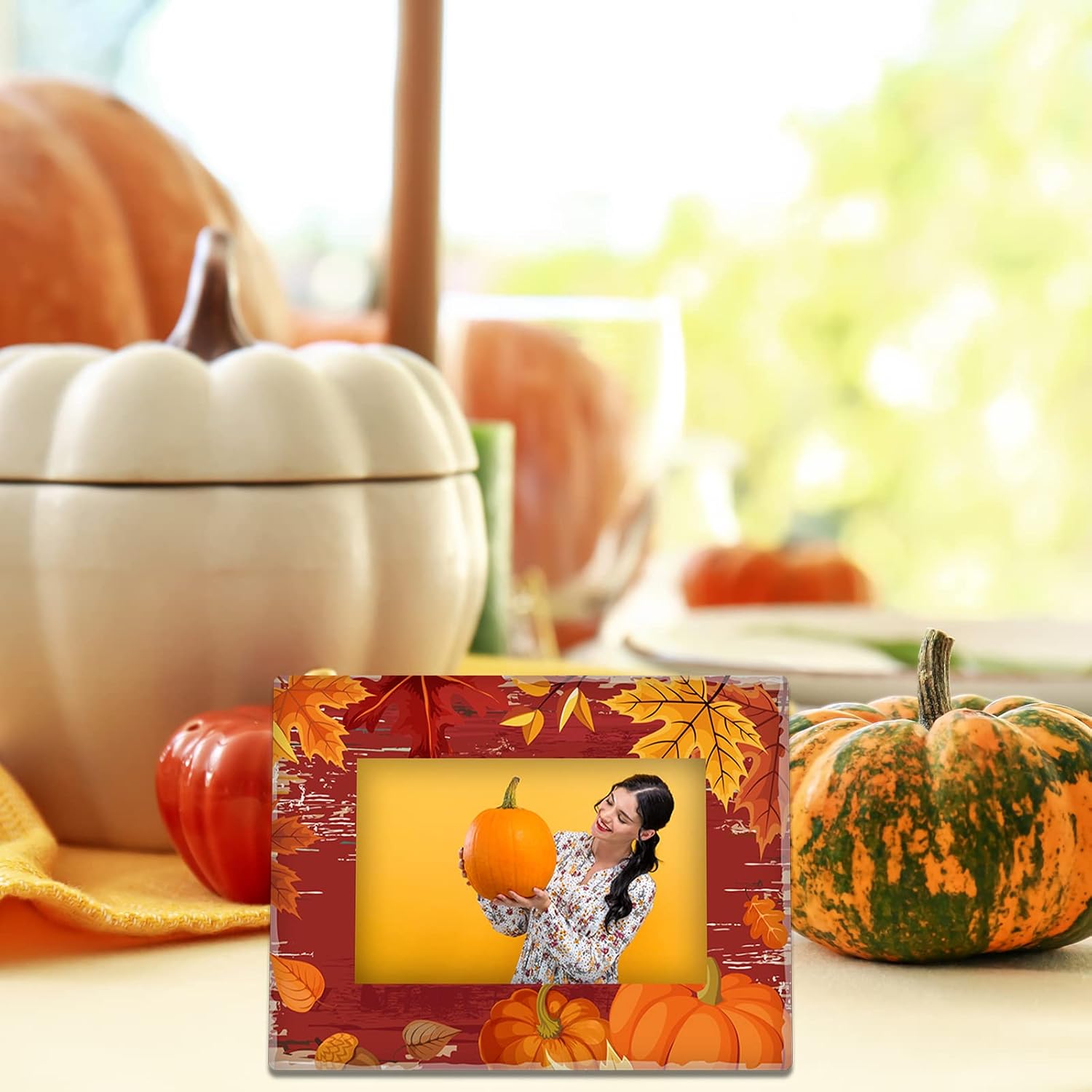 party greeting Thanksgiving Fall Pumpkin Ceramic Photo Frame Autumn Decorations Thanksgiving Gifts Horizontally Used Size 4x6 Suitable for Fall Gift Desktop Use (Happy Harvest)