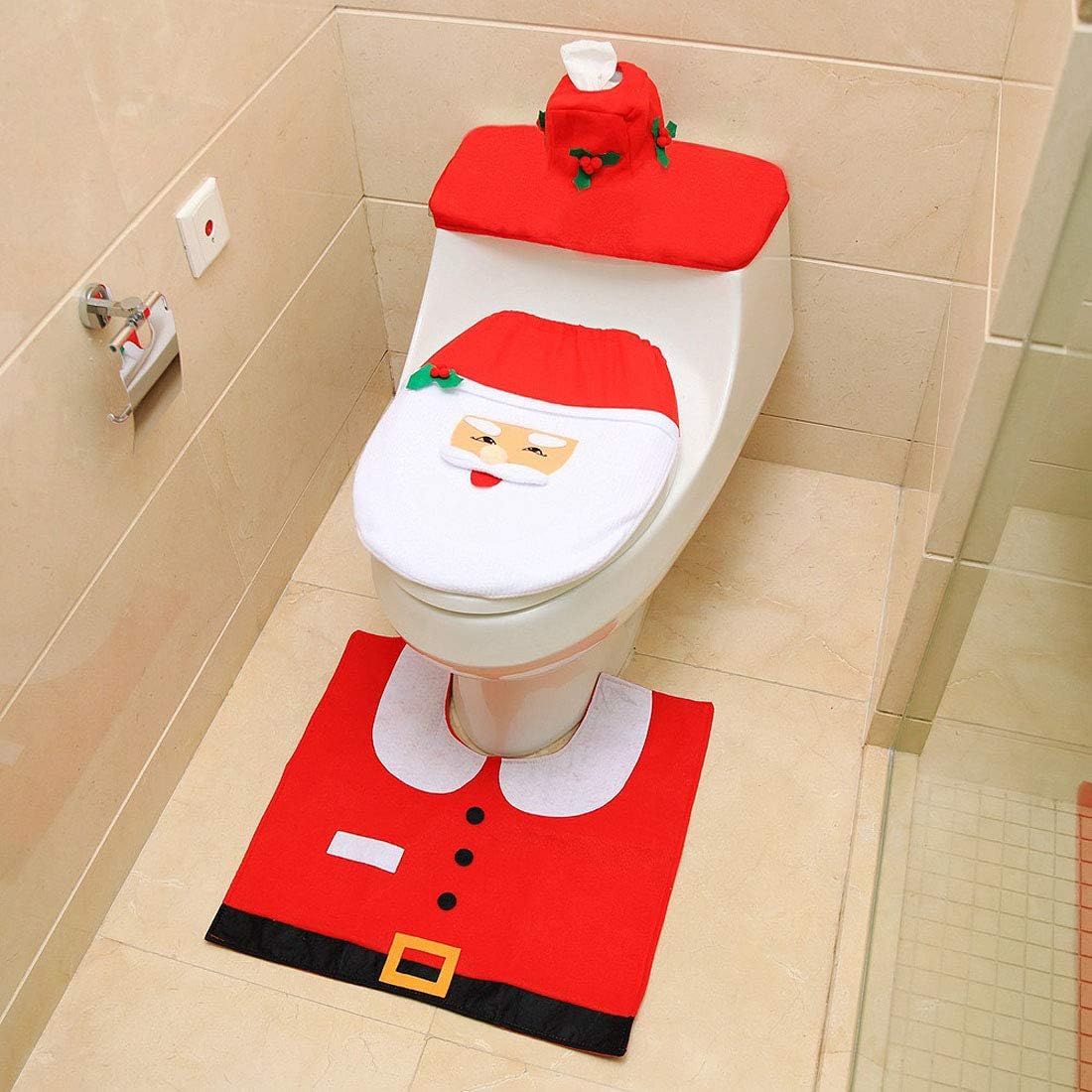 Christmas Decorations Toilet Lid Tank Cover, 3 Set Happy Santa Toilet Seat Cover and Rug Set Christmas Bathroom Decorations Party Gifts for Kids