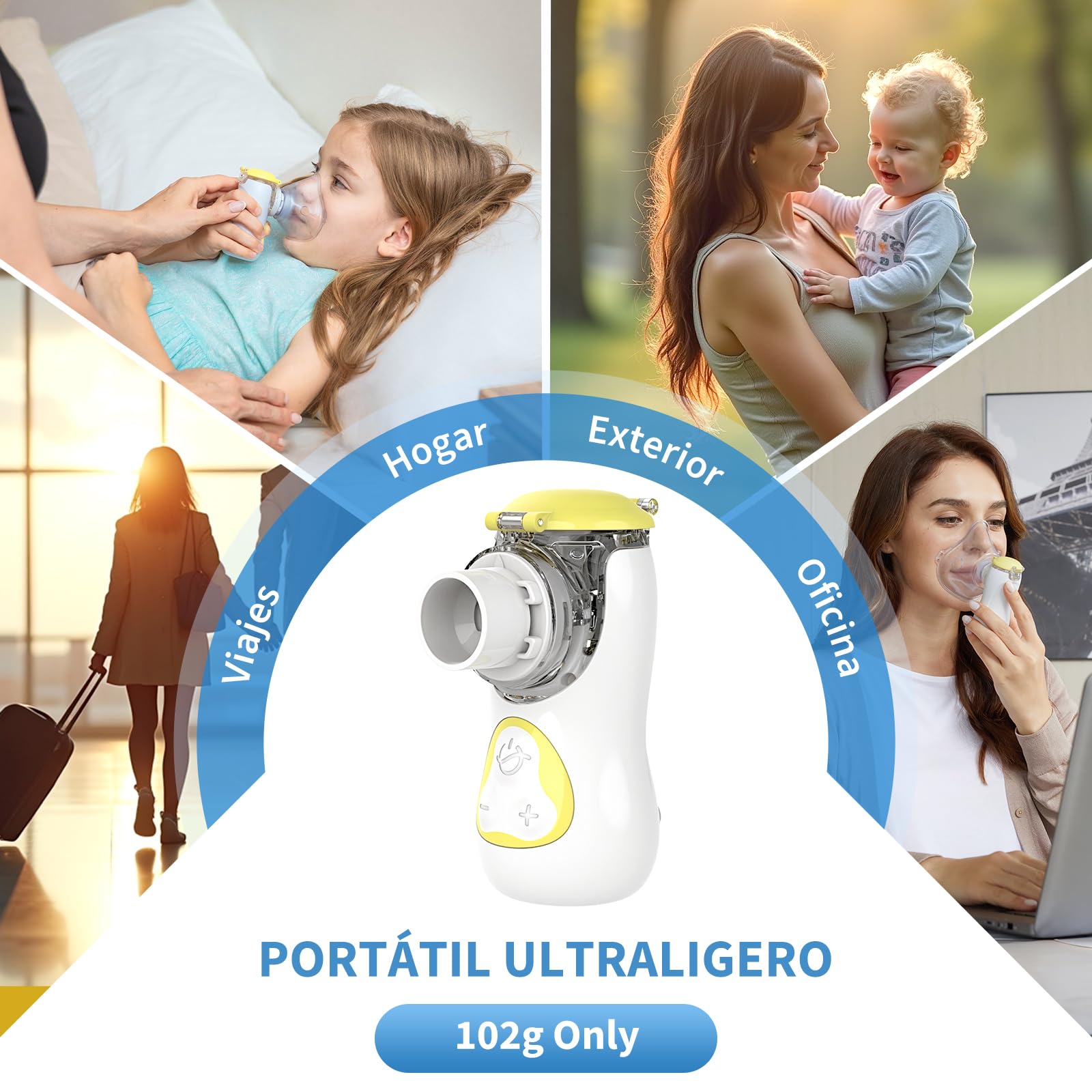FEELLIFE Nebulizador Portatil para Bebe y Adultos, Nebulizador Silencioso Tasa de Atomización Ajustable, Inhalador Recargable para El Tratamiento de Tos, Asma, Enfermedades Respiratorias-Amarillo