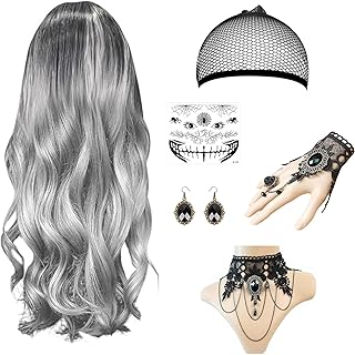 Halloween Perrücken, Halloween Deko, 6 Stück Halloween Kostüm Enthalten Grau Perücke Haarnetz Gesichtsaufkleber Ohrringe H...