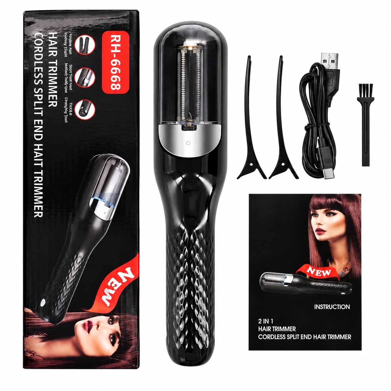 cordless split end hair trimmer machine | rechargeable electric split ends remover tool for dry, damaged, curly, frizzy hair | 2-in-1 automatic split end cutter for men & women, black