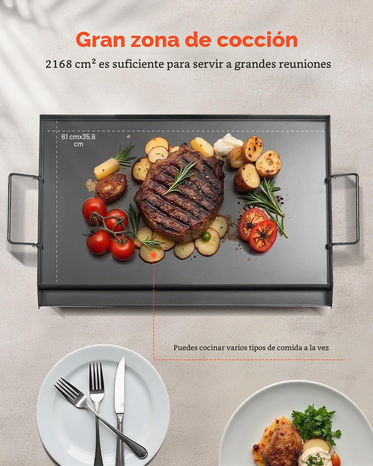 VEVOR Parrilla de Acero al Carbono Universal Rectangular 605 x 360 mm con Superficie Plana Espaciosa, Plancha de Gas para Barbacoa, Teppanyaki, Utensilios de Cocina Familiares Portátiles con Asa