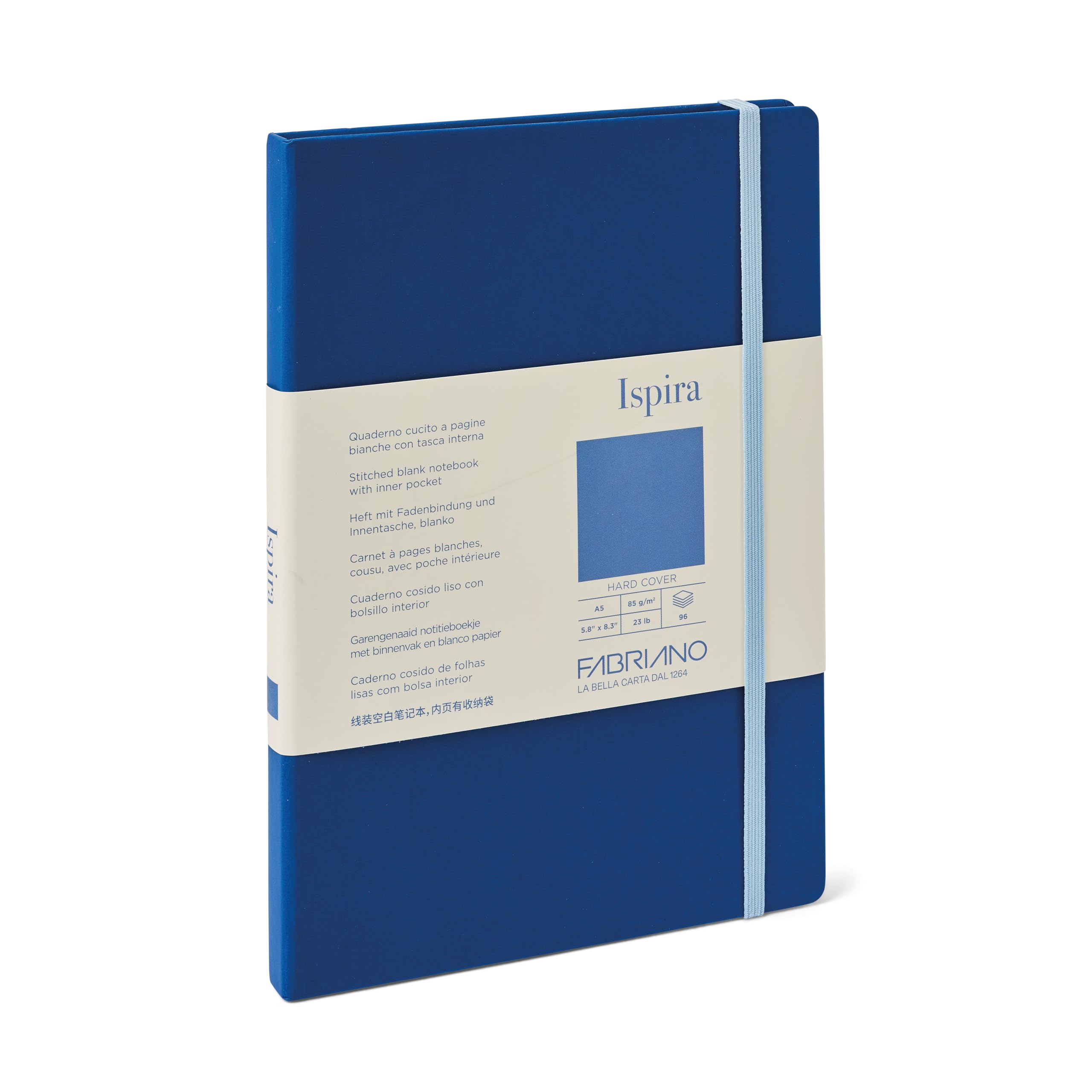 Fabriano Ispira - Taccuino con copertina rigida, 14,7 x 21,1 cm, bianco, blu, 96 pagine, certificato FSC, senza cloro, senza acidi, tasca in carta, carta avorio