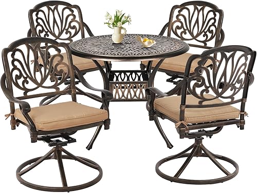 Grepatio Juego de comedor al aire libre de 5 piezas de aluminio fundido para patio, mesa y sillas de exterior, muebles exteriores, 4 sillas