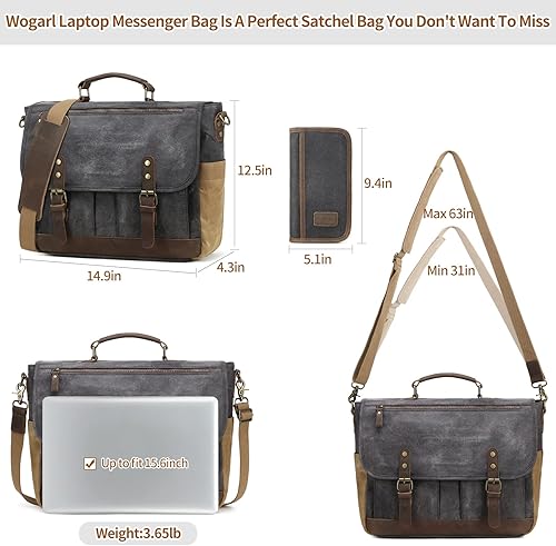 Miniatura 7 de Wogarl 2 unids Mens Messenger Bag 15.6 pulgadas Cuero auténtico encerado lona ordenador portátil maletín bolso de hombro